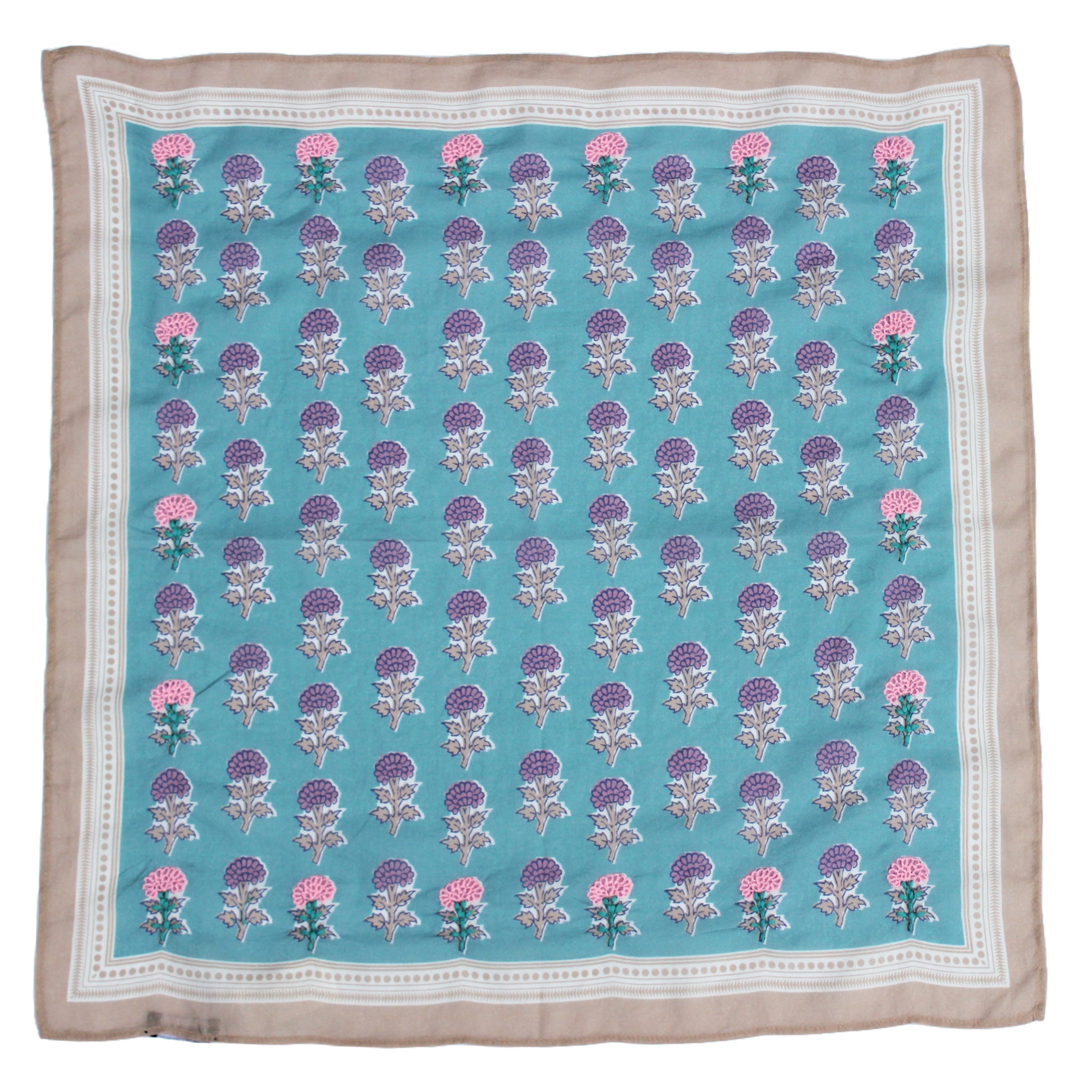 Light blue bandana with purple/pink floral blockprint and beige border
