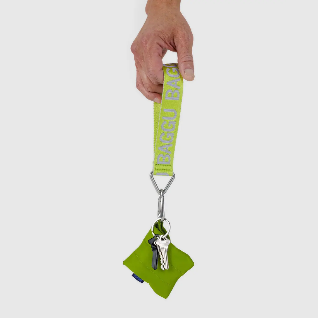 Green BAGGU logo keychain with clip and green pouch holding keys, hand shown