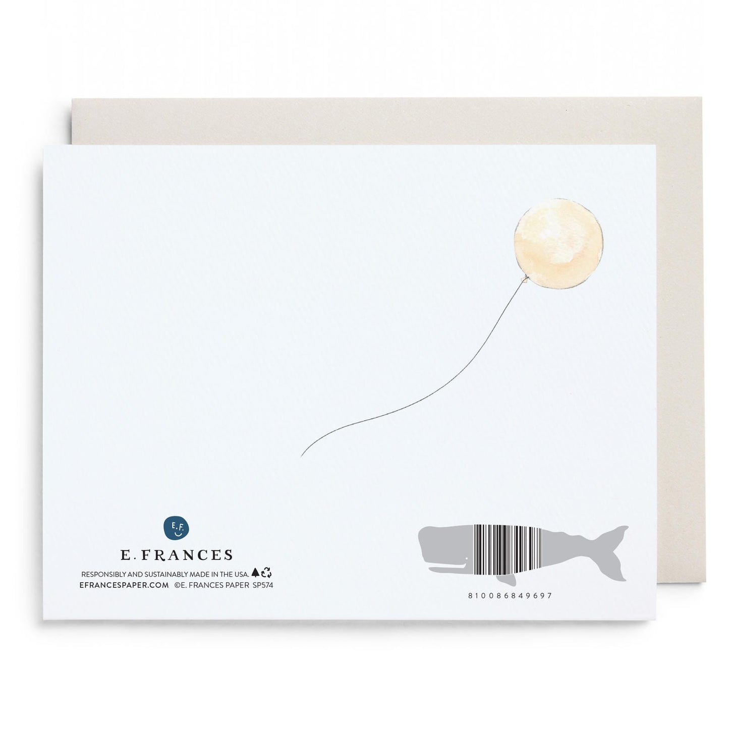 Vintage wedding card back with E. Frances logo, barcode, and gold balloon outline