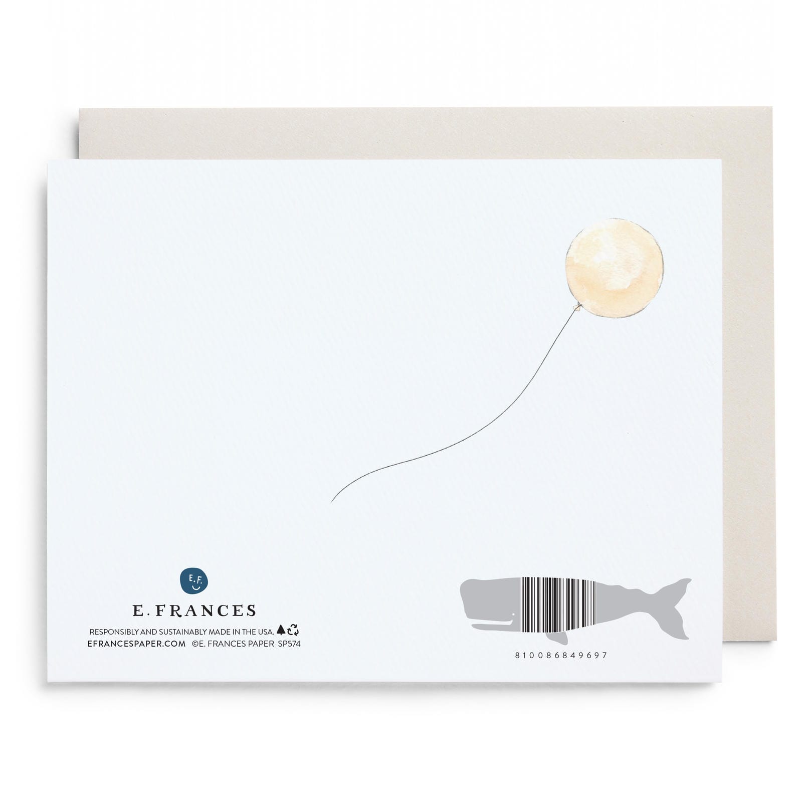 Vintage wedding card back with E. Frances logo, barcode, and gold balloon outline