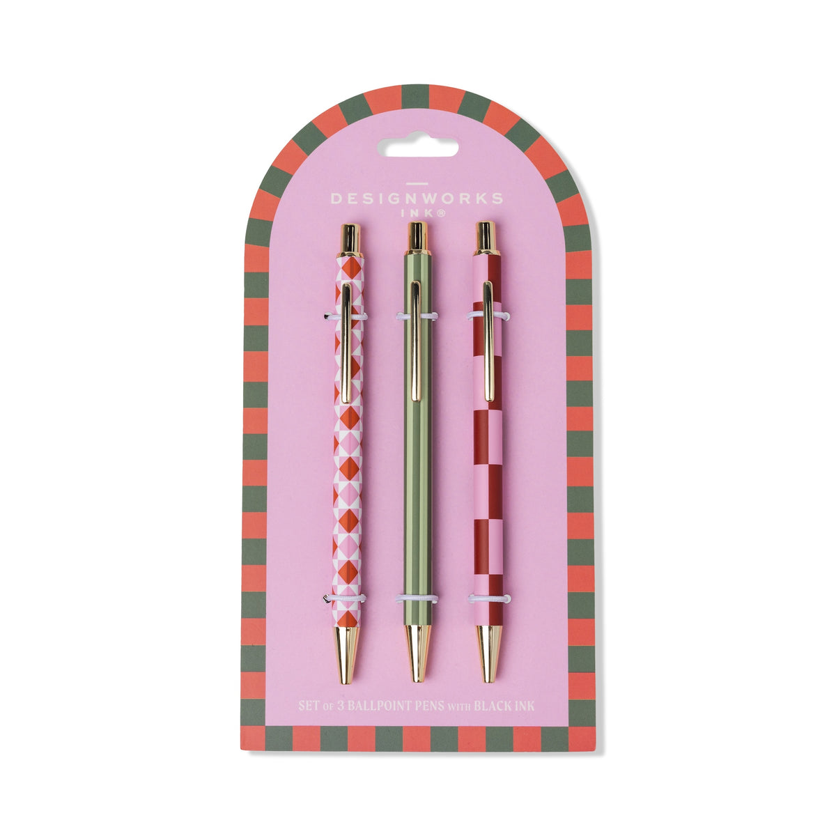 Ballpoint pen set with three Black Pink diamond-striped designs and gold tips