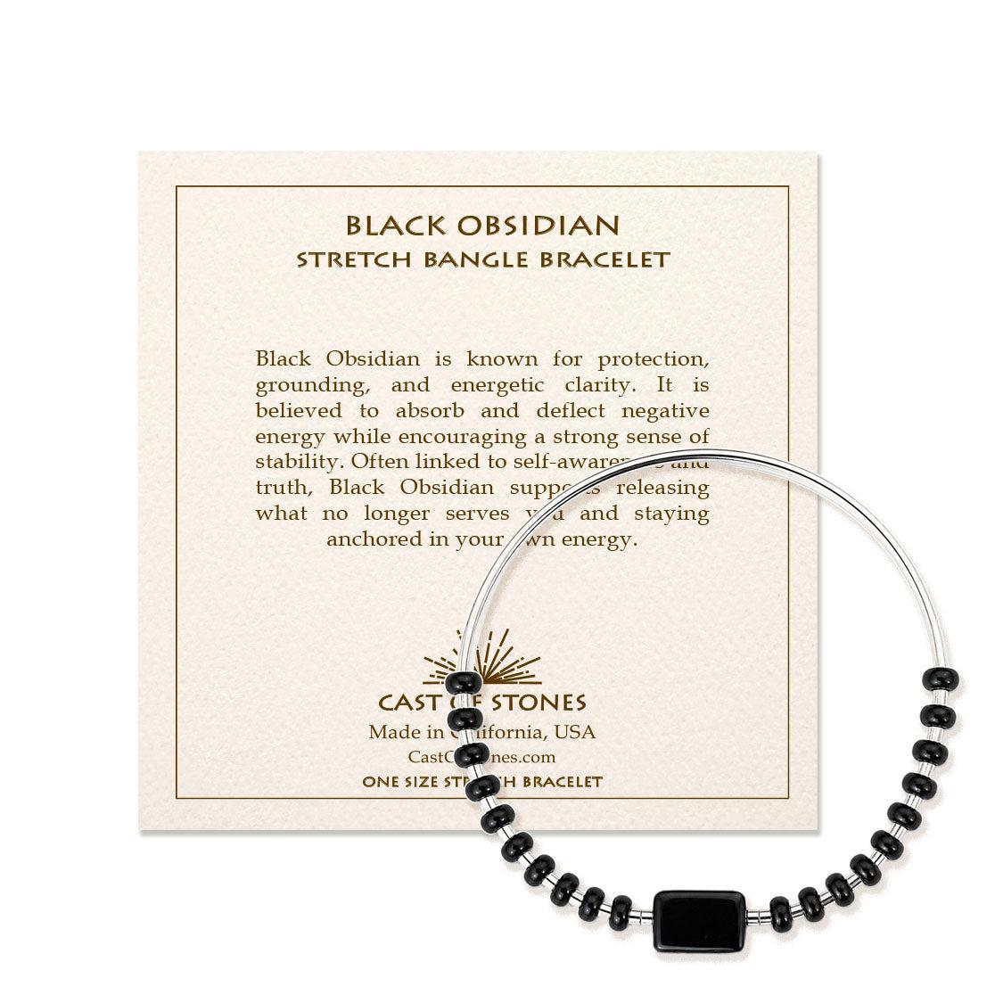 Stretch Bangle Bracelet - Black Obsidian - Silver
