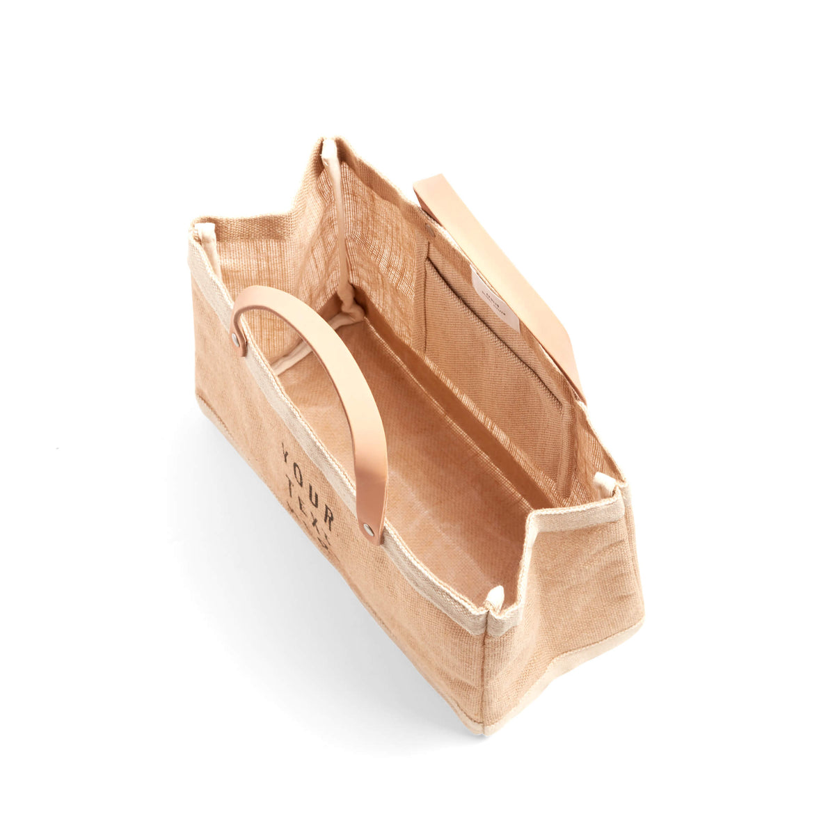 Homage petite market bag, natural canvas tote with leather handles, open top side view.