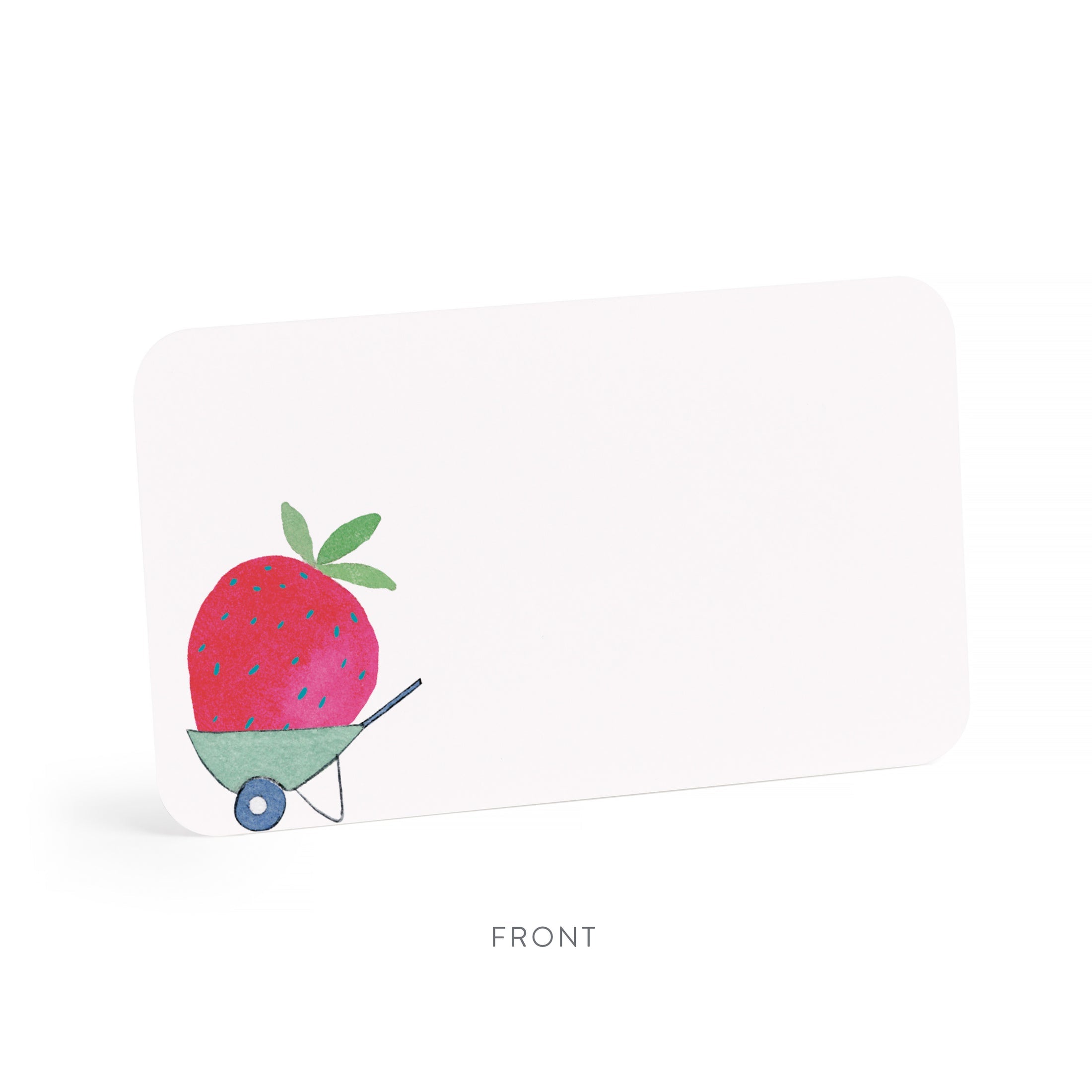 Front note card: white with strawberry and wheelbarrow graphic
