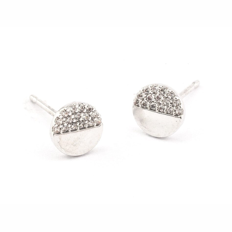 Silver-tone pave stud earrings with round half-dome tops and straight posts
