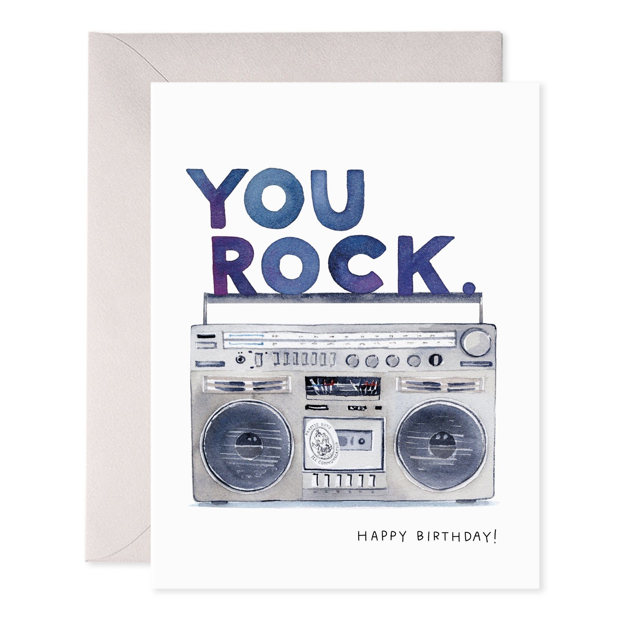Boom box birthday card showing 'YOU ROCK' stereo and 'HAPPY BIRTHDAY!'