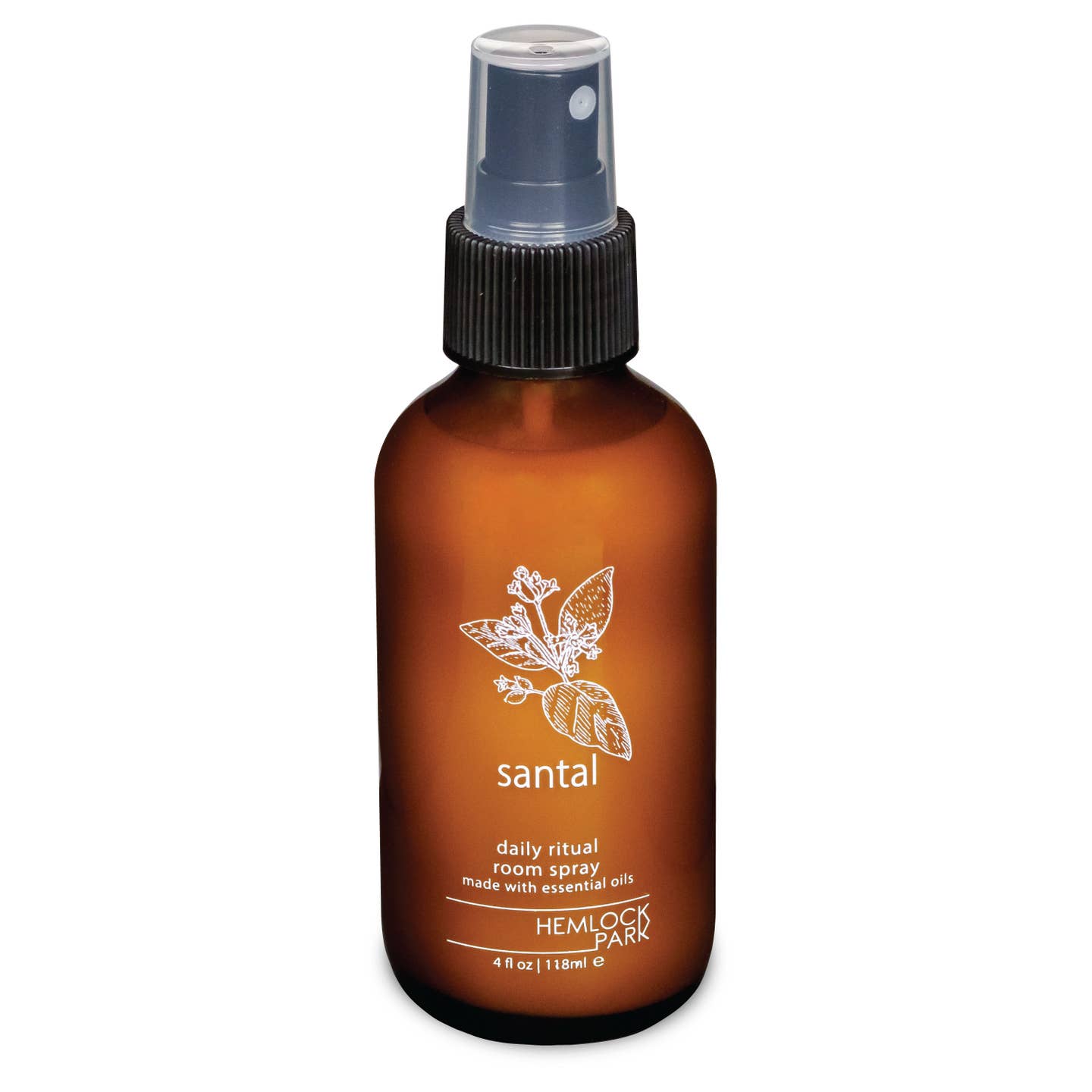 Room spray bottle with santal label, amber glass, black ribbed mist nozzle
