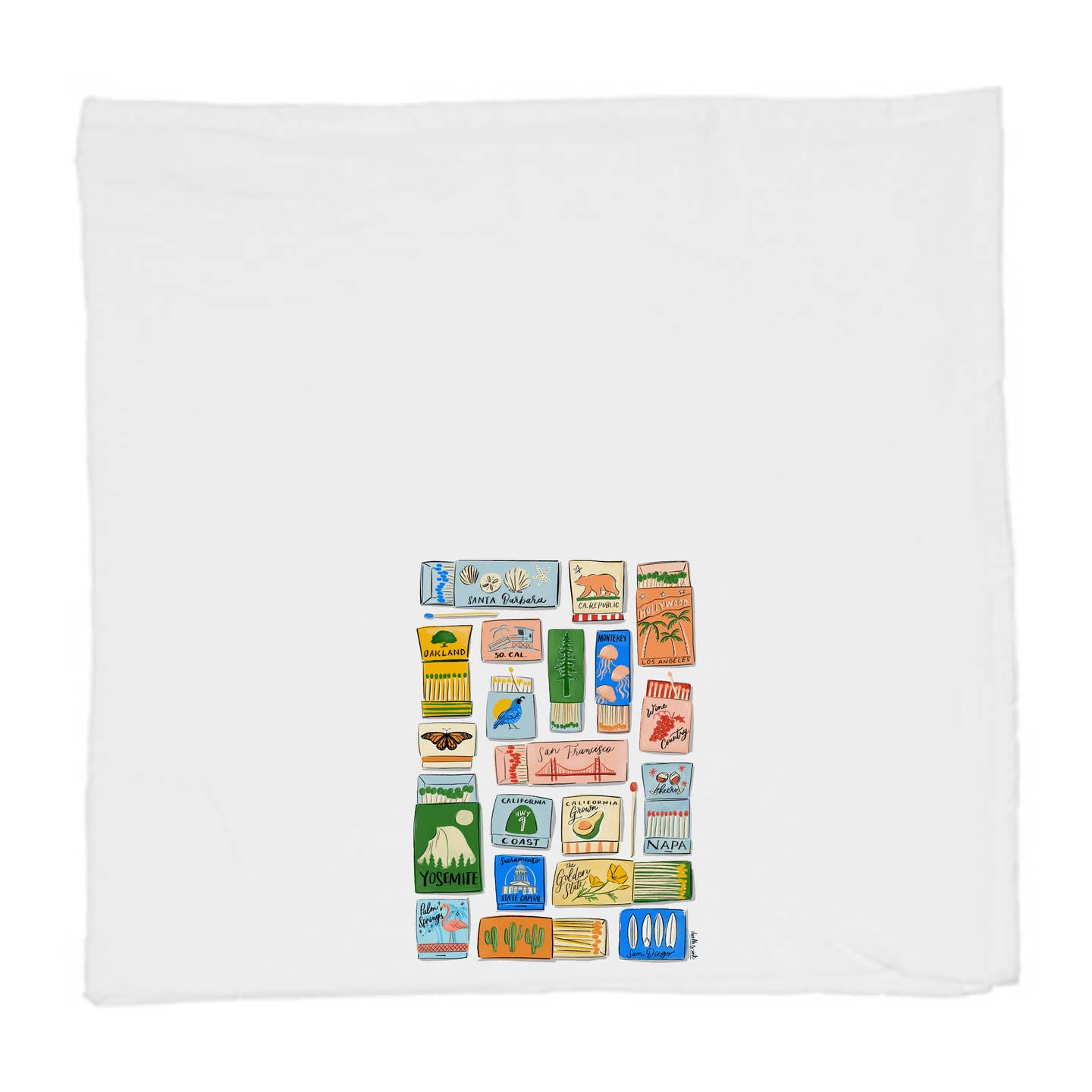 California landmarks tea towel, white with small matchbox-style print square centered