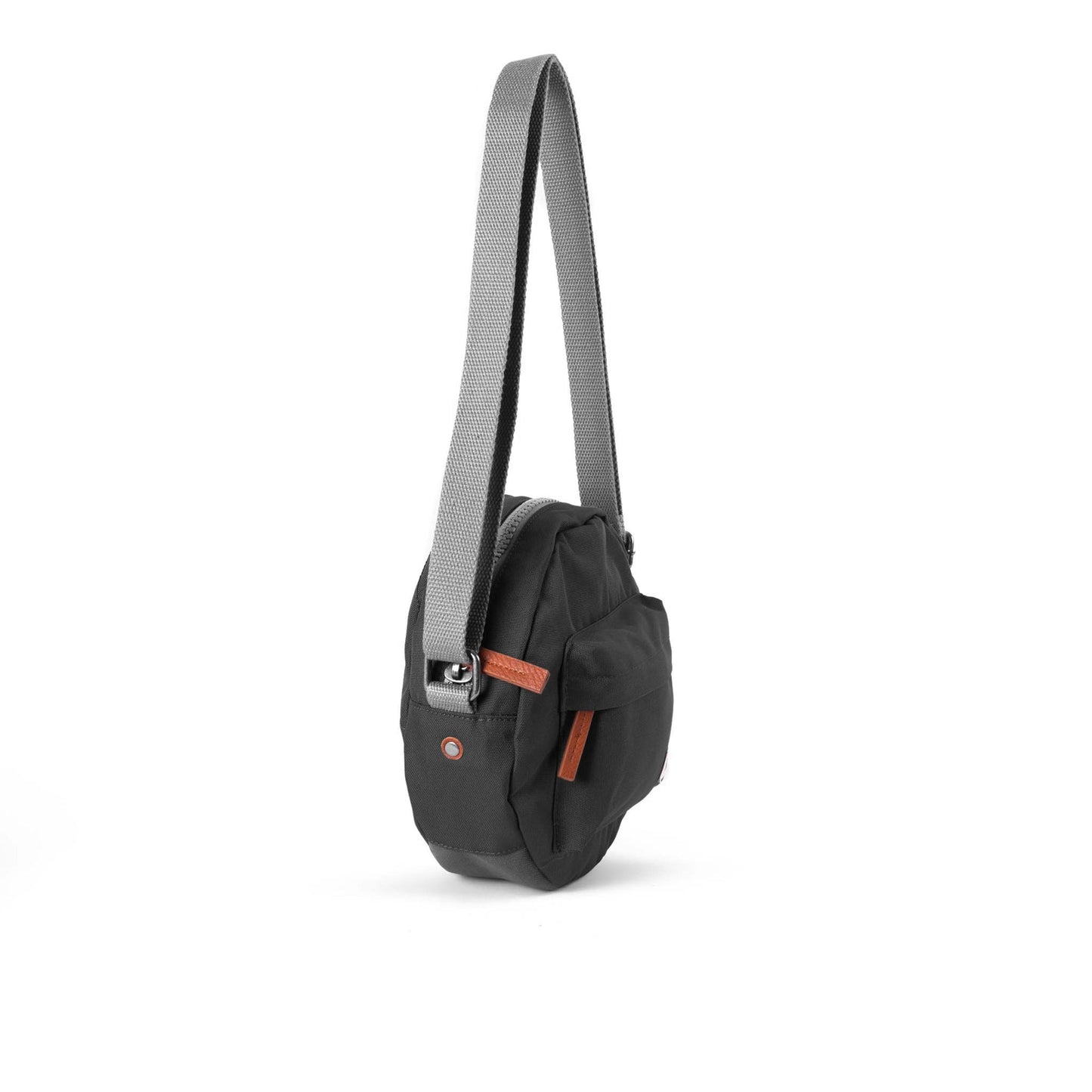 Recycled canvas crossbody bag, round black design with gray adjustable shoulder strap