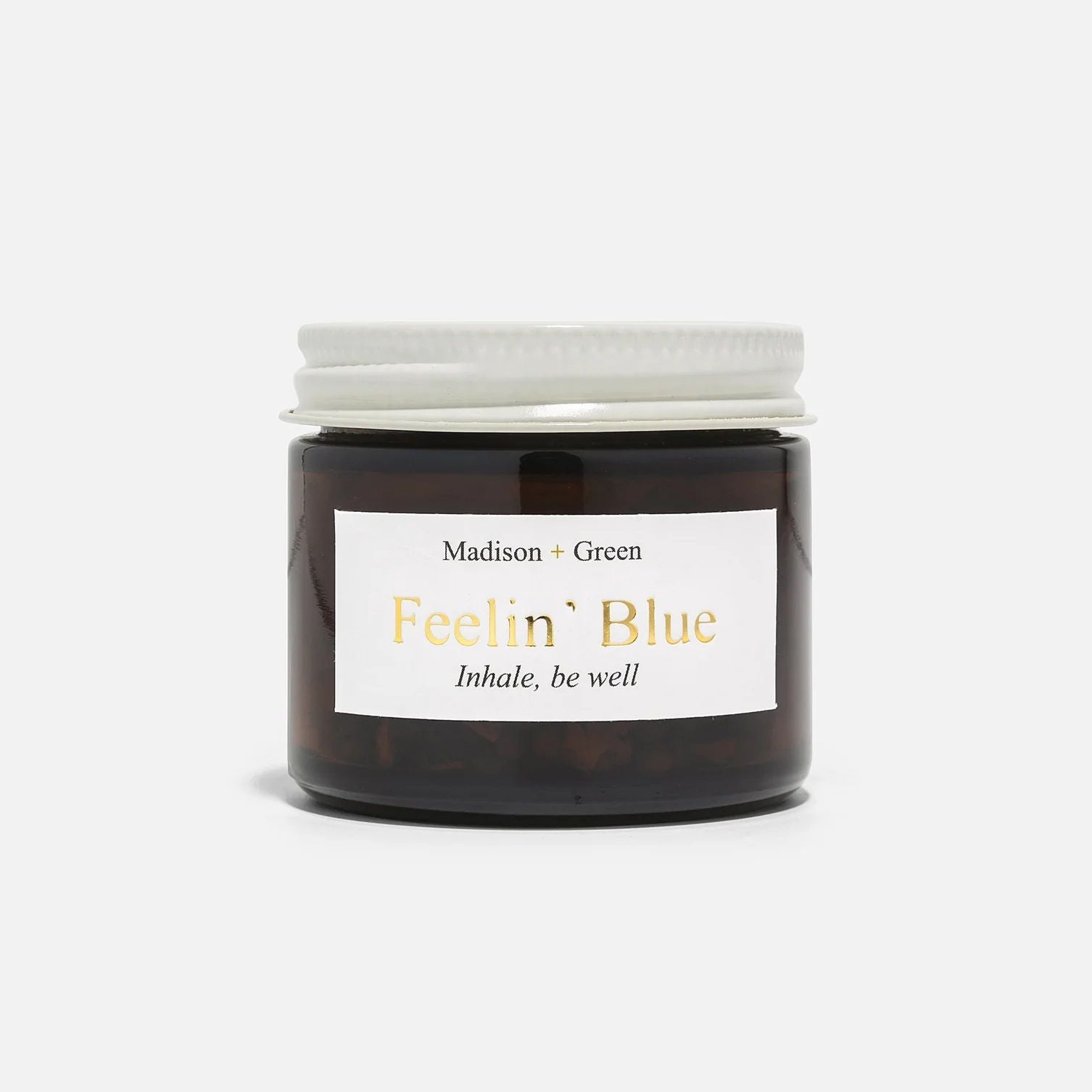 Large aromatherapy inhaler jar, dark amber glass with white lid and label