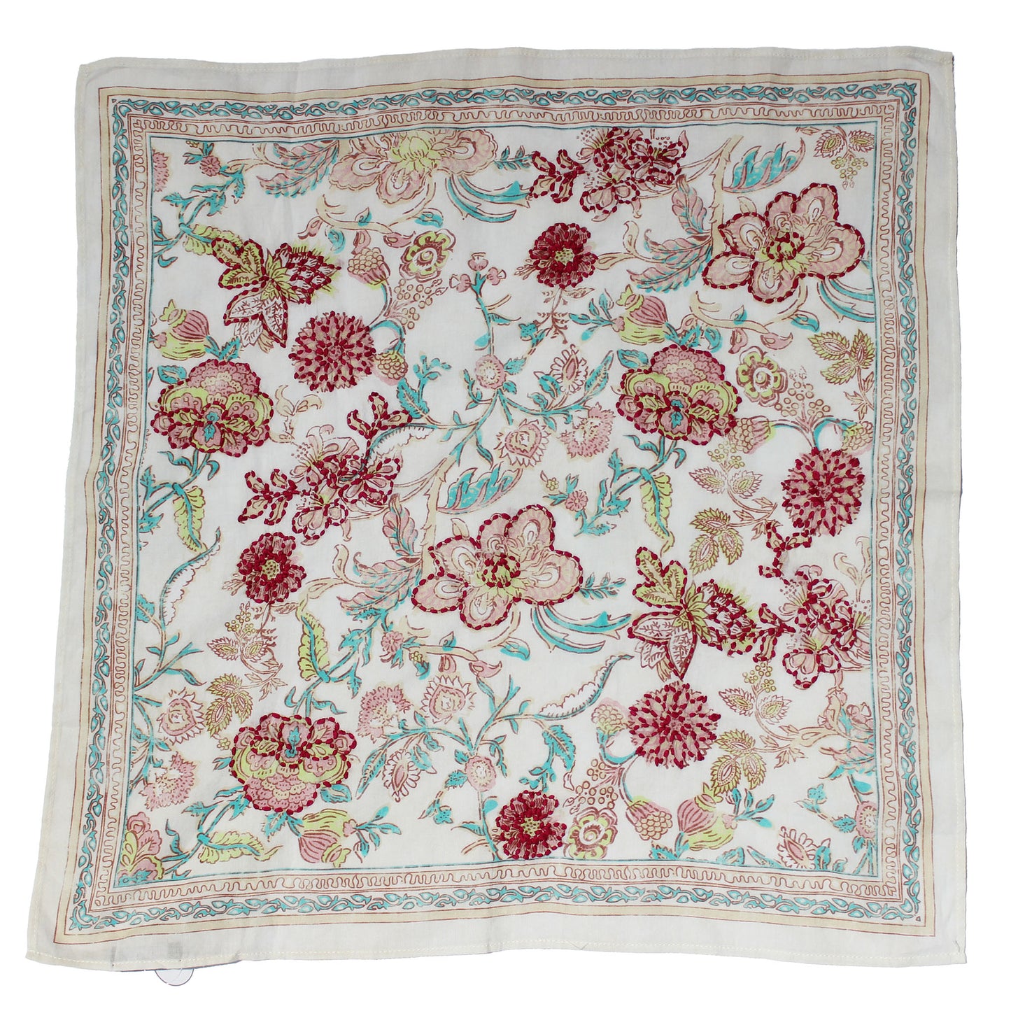 Cotton embroidered bandana with white base and colorful floral print border trim