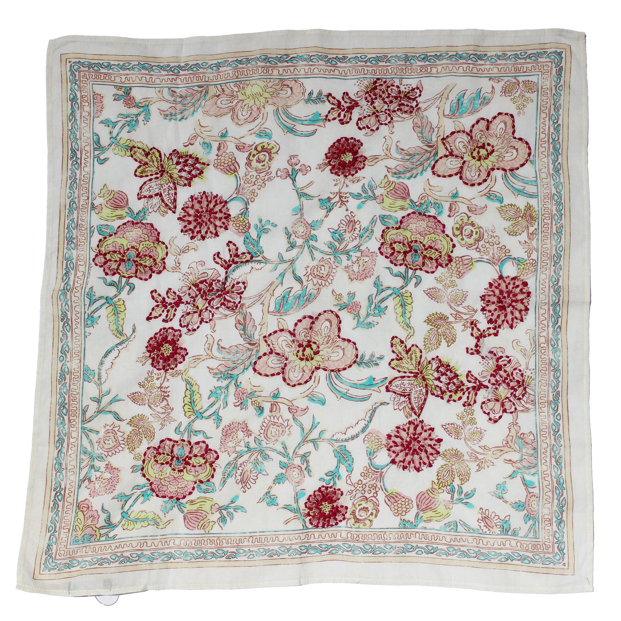 Cotton embroidered bandana with white base and colorful floral print border trim