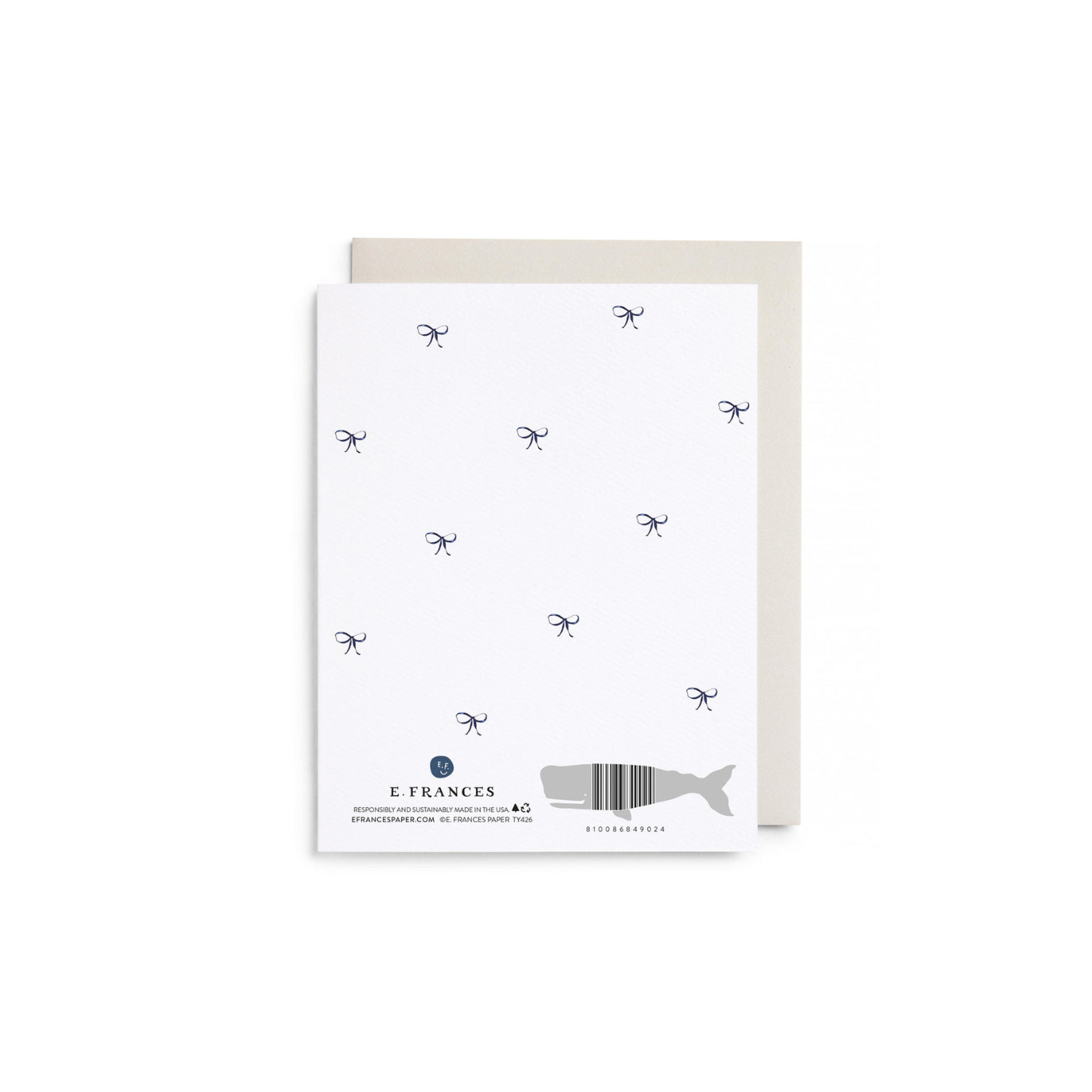 Thank you card with navy bow pattern, E. FRANCES logo, and barcode