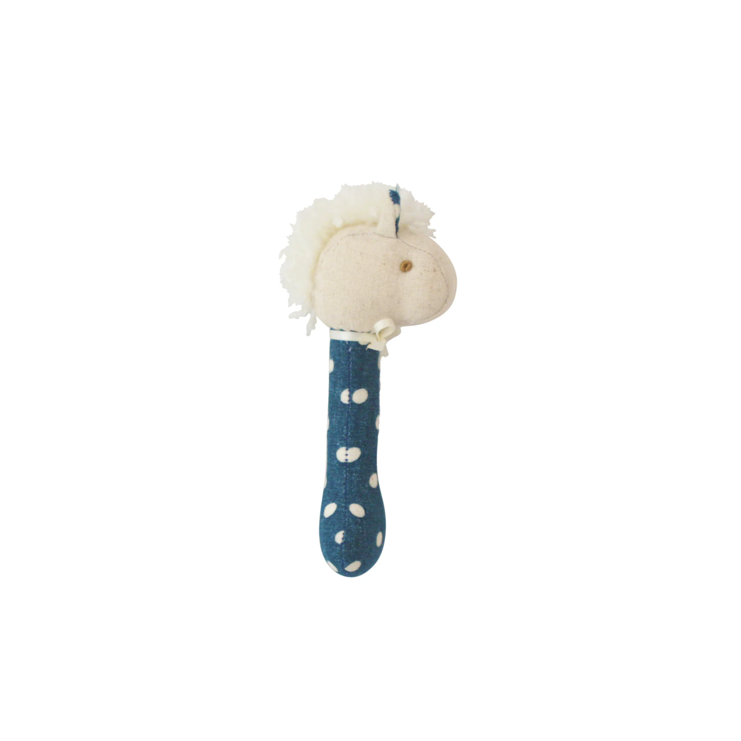 Stuffed horse stick rattle with cream plush head and dark blue dotted handle
