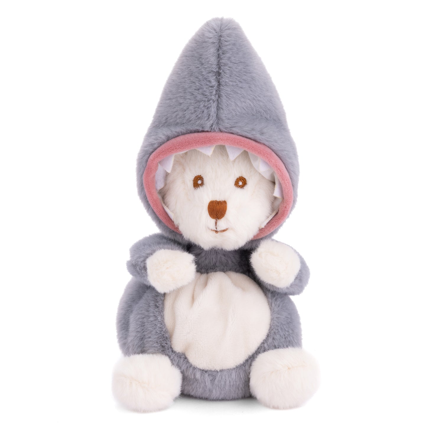 Grey shark plush with pointed hood, pink lining, white face muzzle and bowtie