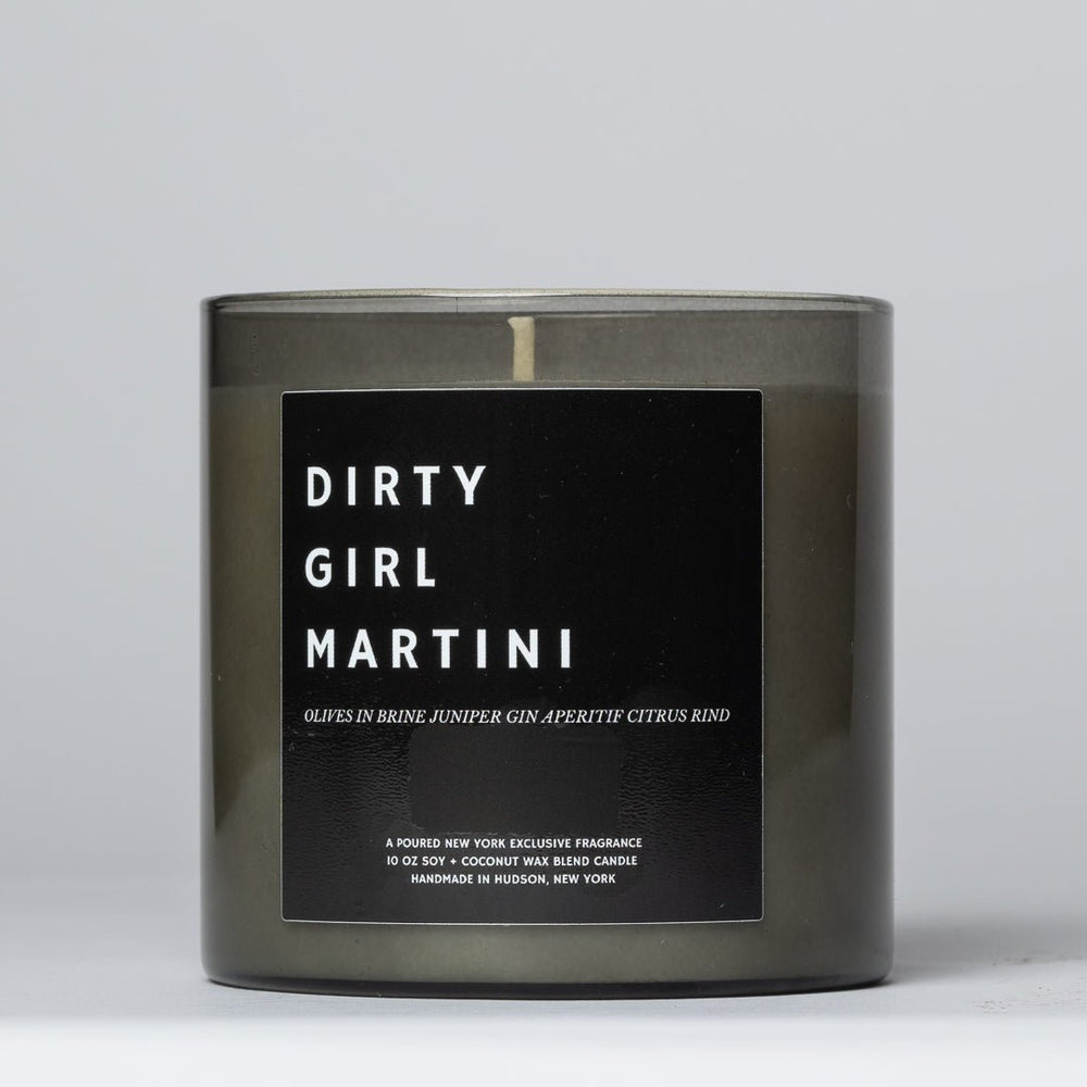 Dirty Girl Martini soy wax candle, dark glass jar with gold lid and front label