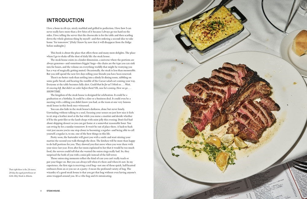 Open cookbook spread with grilled steak slices on a white plate