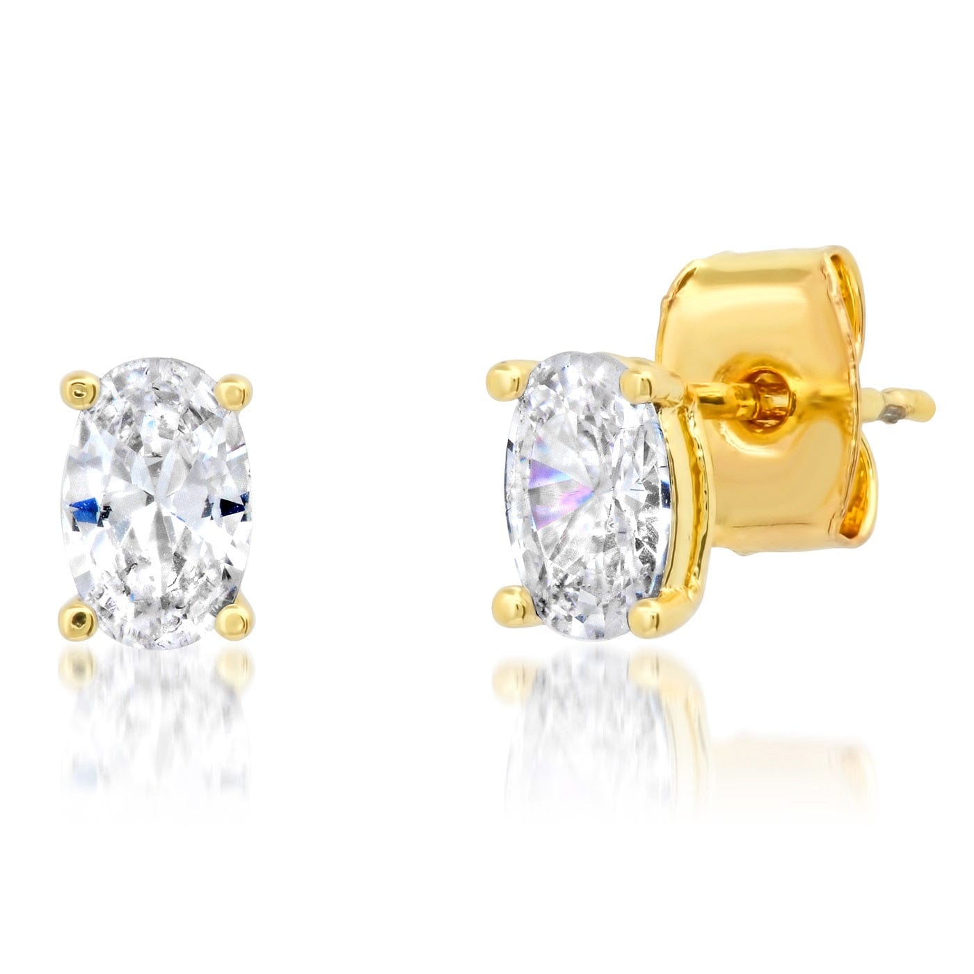 Oval CZ stud earrings with clear stones, gold-tone four-prong settings