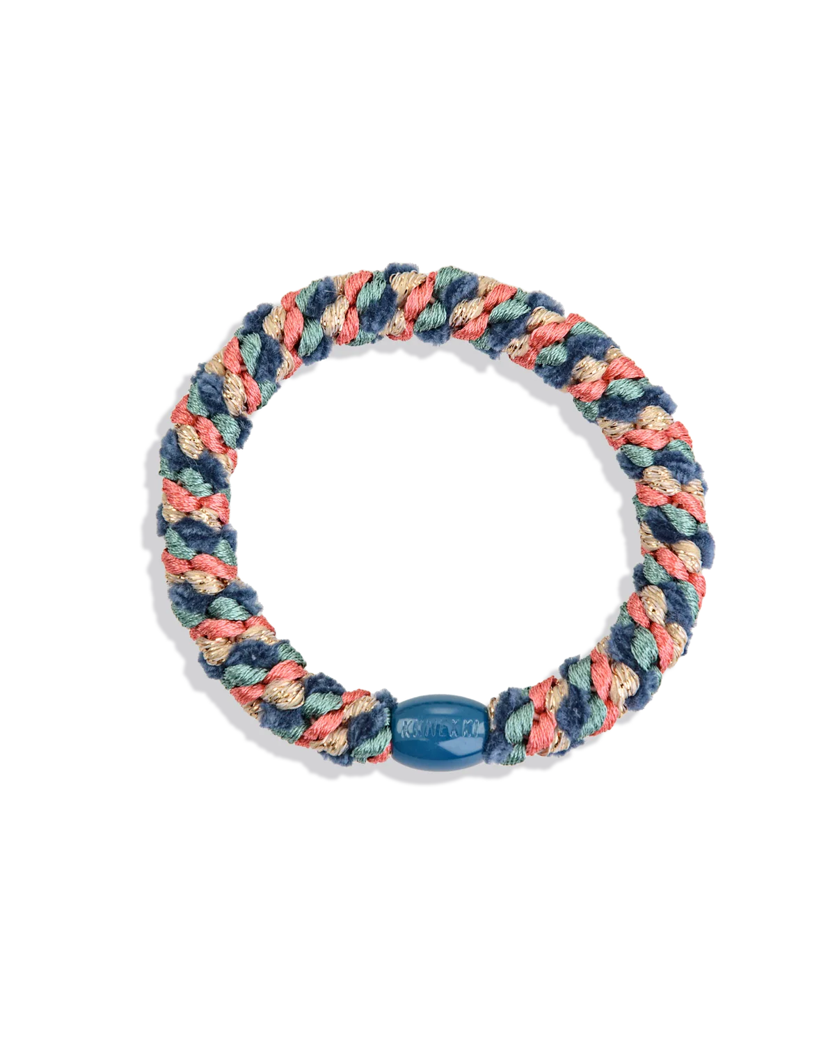 Woven hair accessory with teal, coral, pink braid and blue bead center