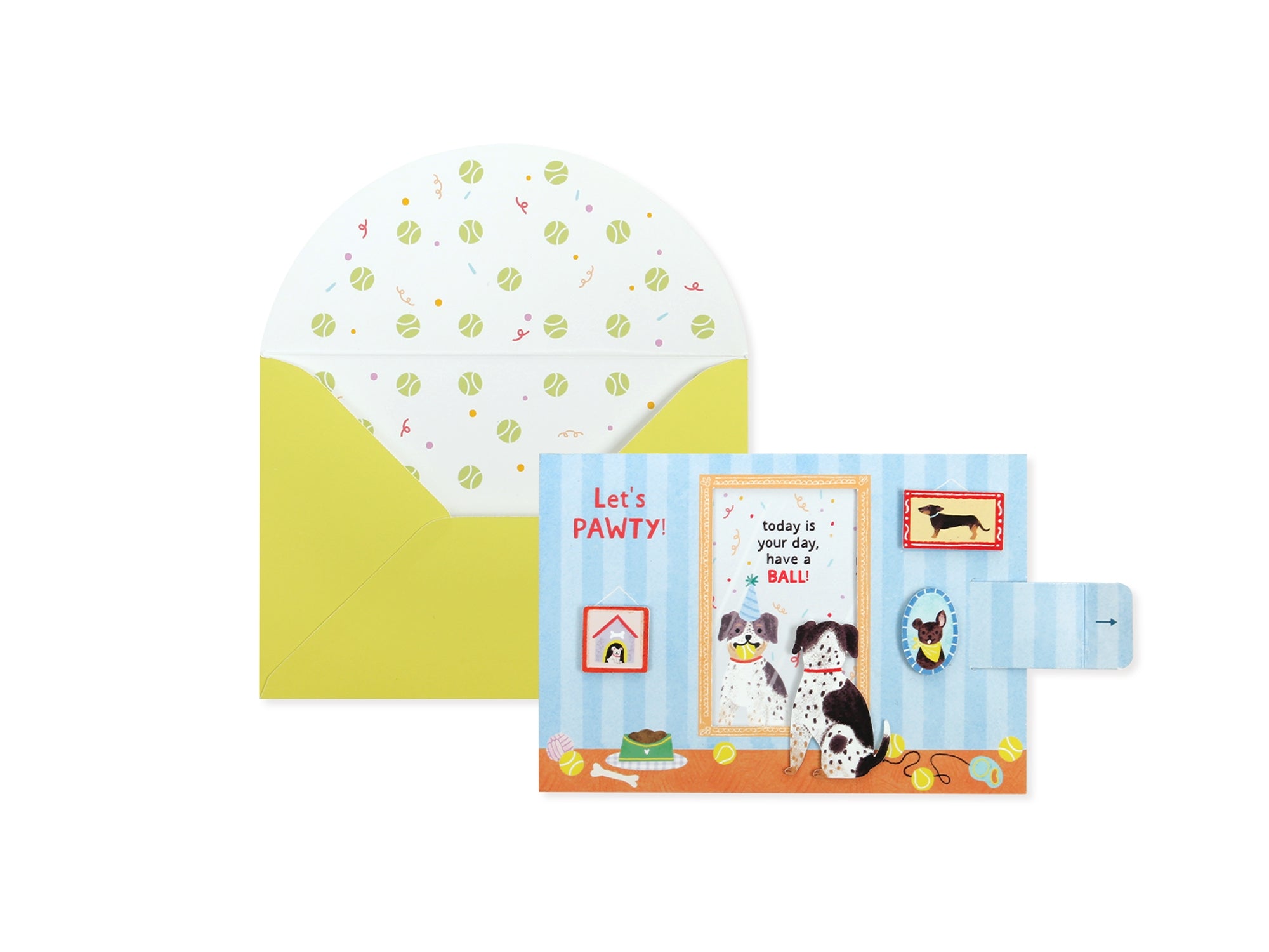 Dog-themed birthday card with mirror panel and 'Let's PAWTY!' text, plus yellow envelope