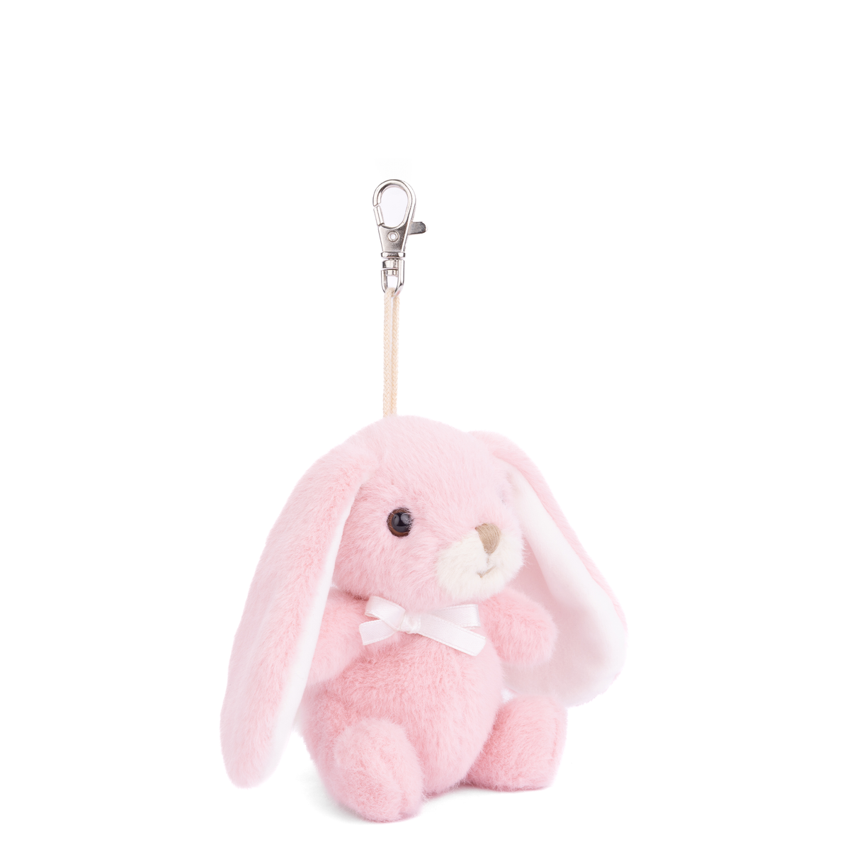 Pink plush bunny bag charm with bow and silver metal clip, hanging loop.