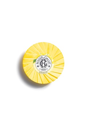 Round citron soap bar, bright yellow with Roger & Gallet logo seal on top