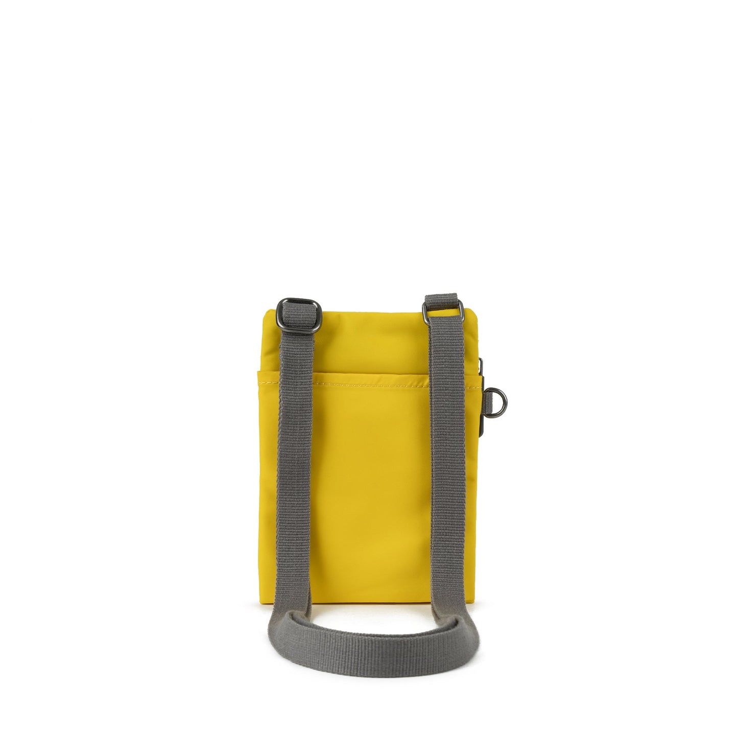 Yellow crossbody bag with gray webbing straps and back panel with zipper opening