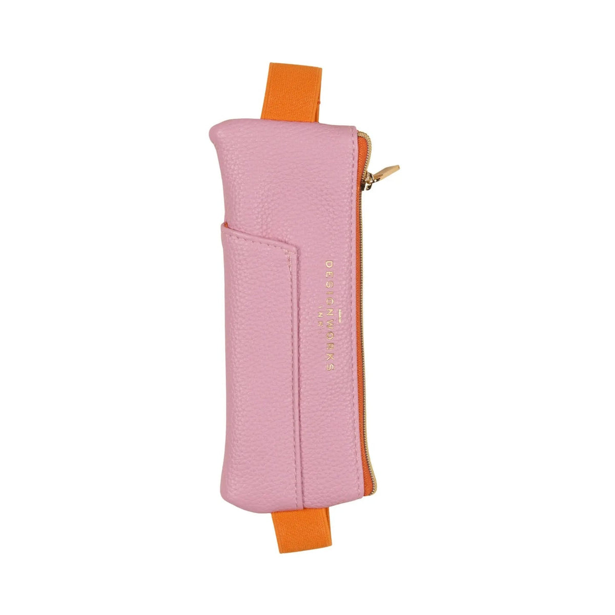 Pink vegan leather pen pouch with orange elastic strap and top zipper