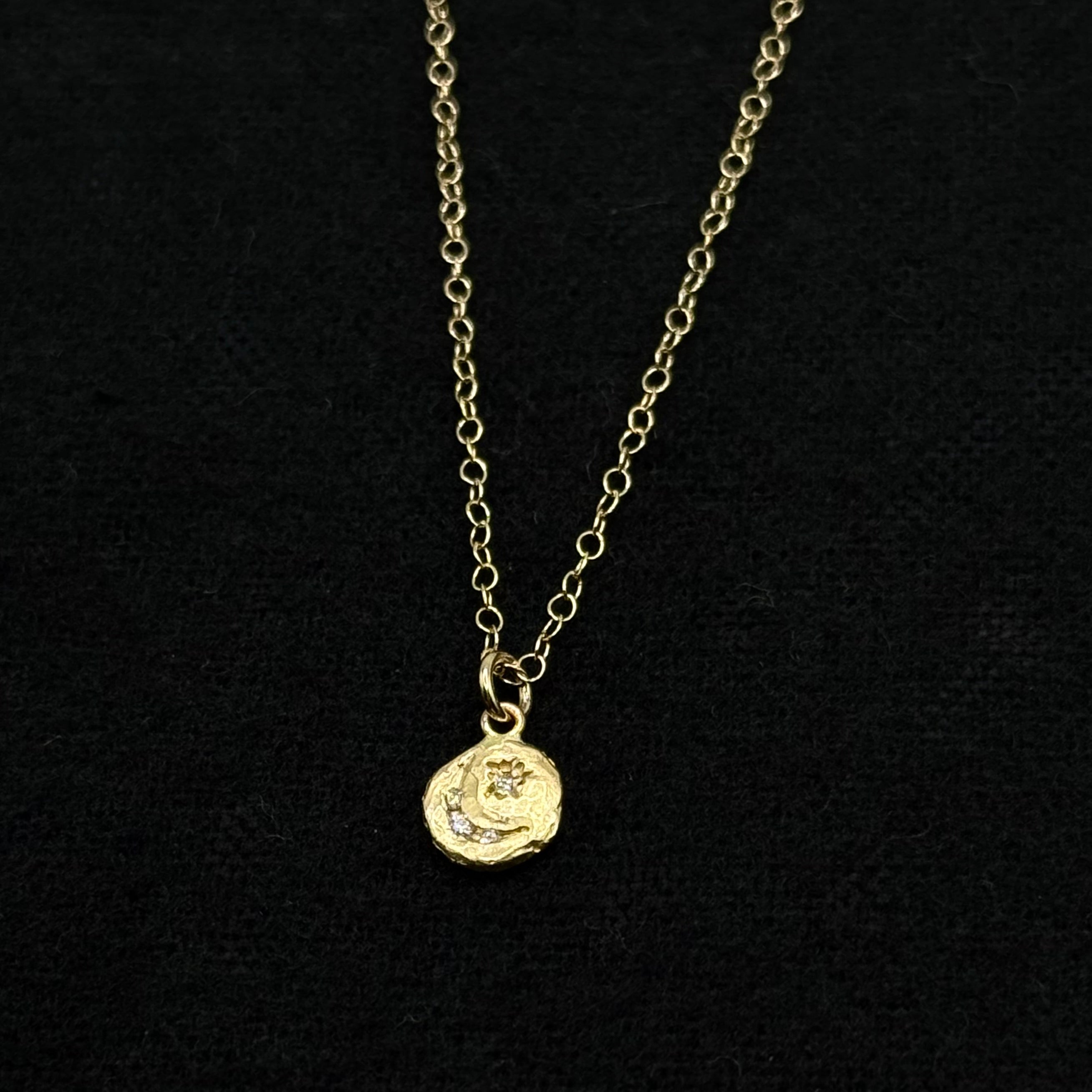 14k gold crescent and star pendant on chain, round textured charm