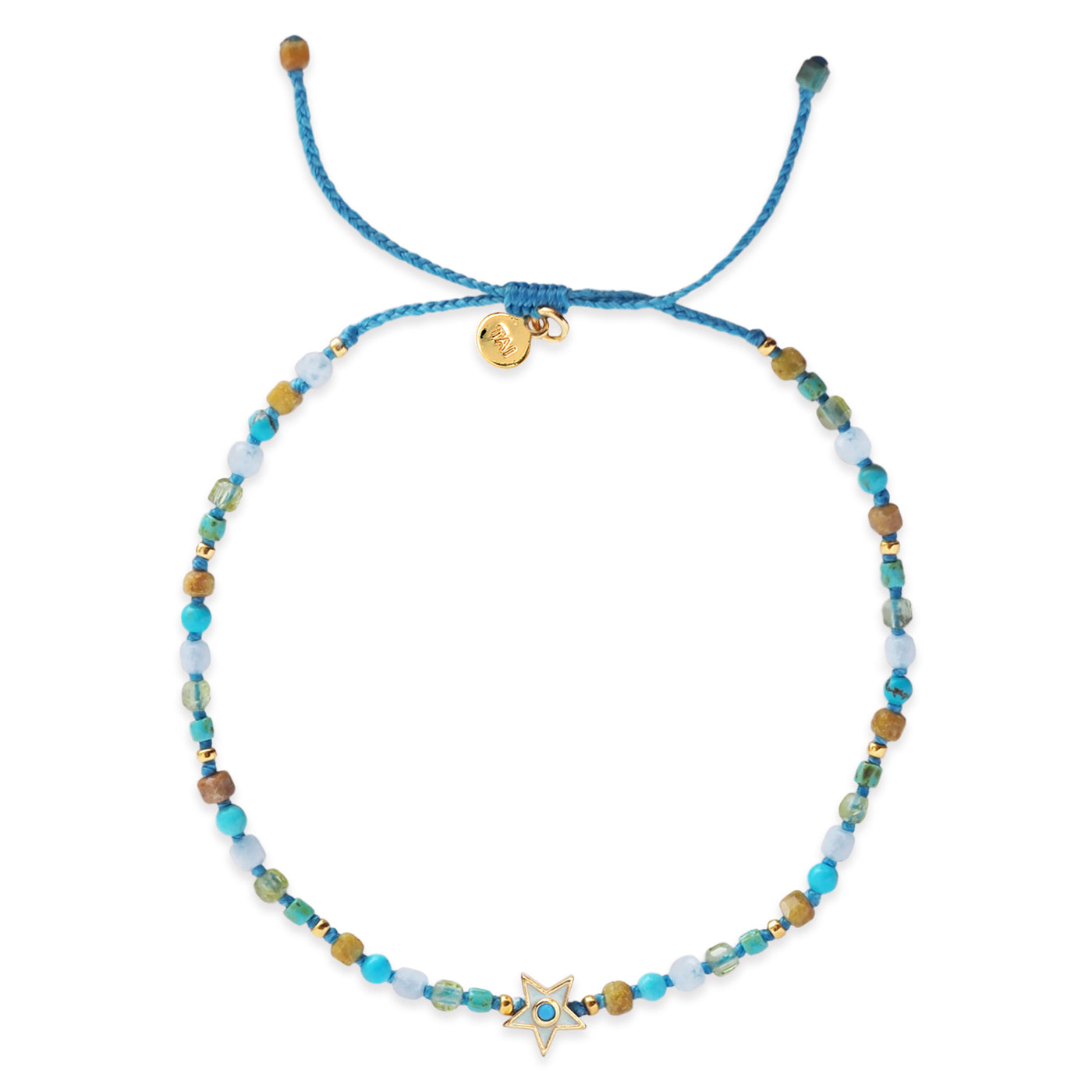 Beaded knotted bracelet with blue and green semi-precious beads and enamel star charm