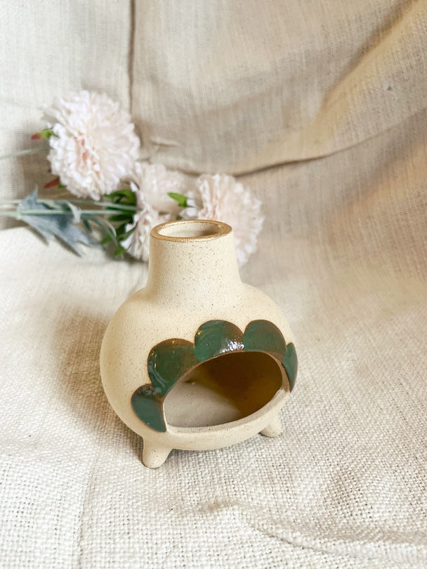 Green ceramic incense chimney burner with leaf-like petal cutout and open bowl