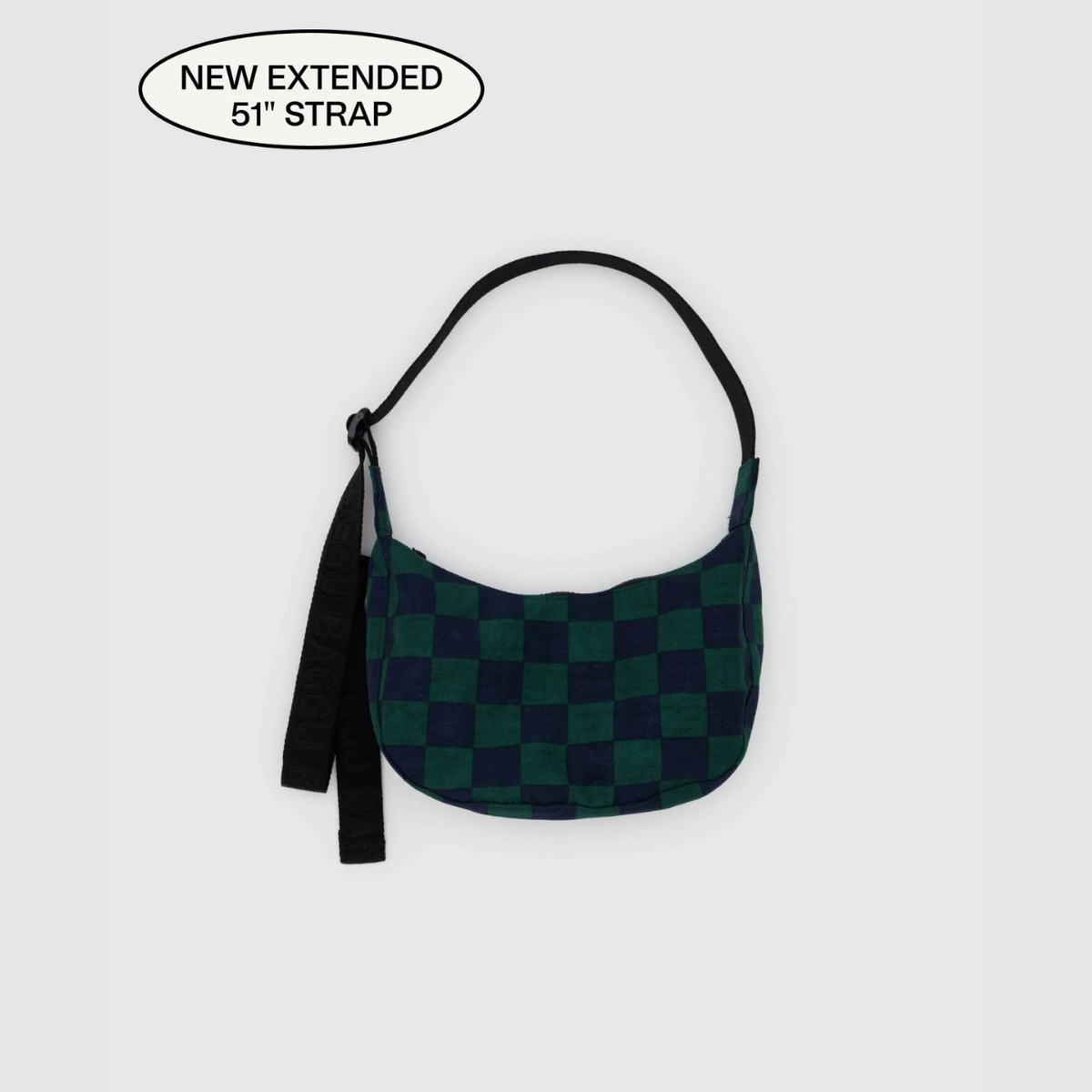 Small nylon crescent bag in green checkered pattern with black strap