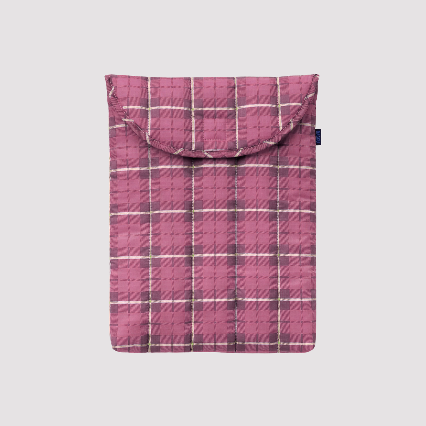 Purple tartan puffy 13"/14" laptop sleeve with quilted fabric and top flap.