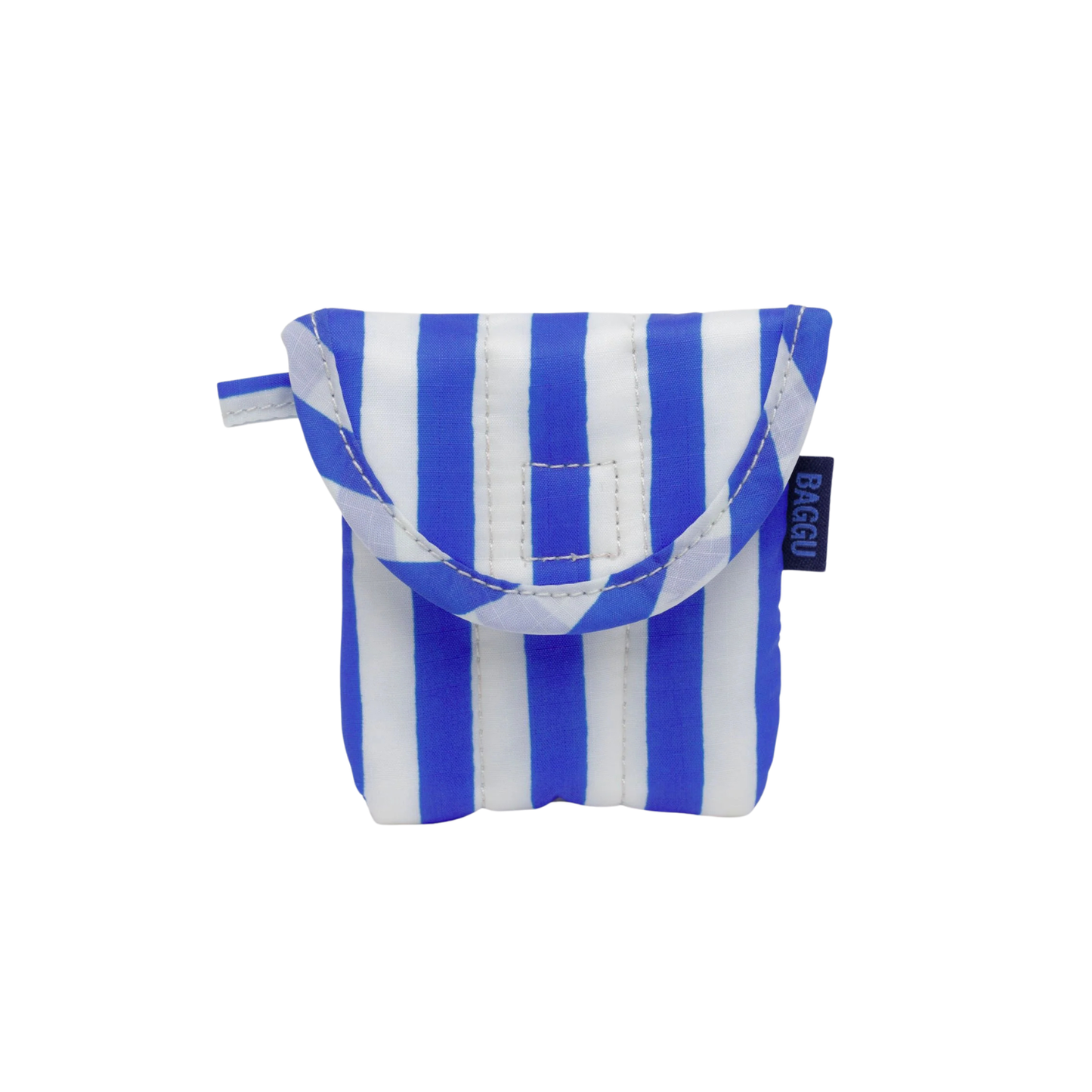 White and blue vertical stripe puffy earbuds case with quilted front flap, black label tag