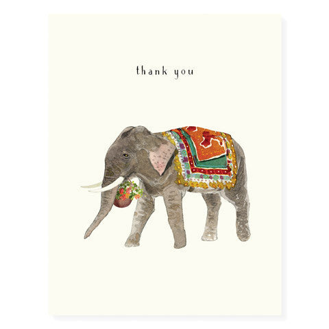 Thank you card with gray elephant illustration and colorful blanket on cream background