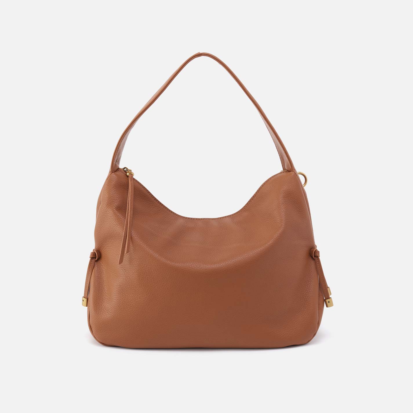 Warm honey hobo bag with top handles, slouchy shape, and gold-tone side accents