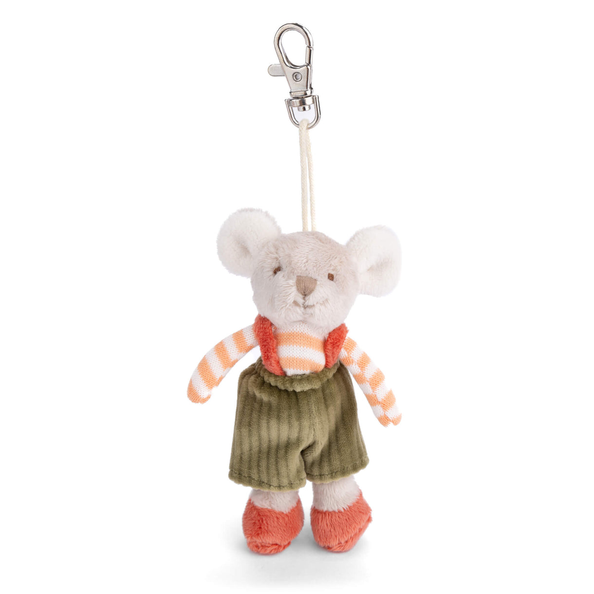 Plush mouse bag charm with metal clip, orange striped shirt, olive pants