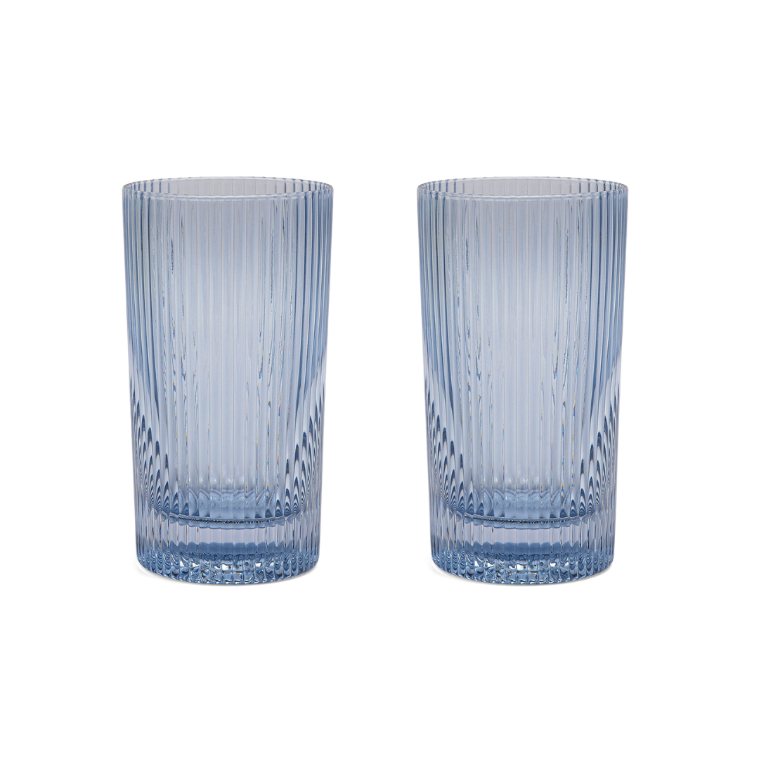 Set of 2 blue ribbed highball glasses with vertical ridges and round base