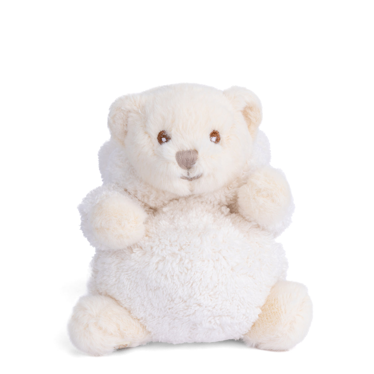 Cream plush bunny sitting with stitched nose and eyes, soft fuzzy arms
