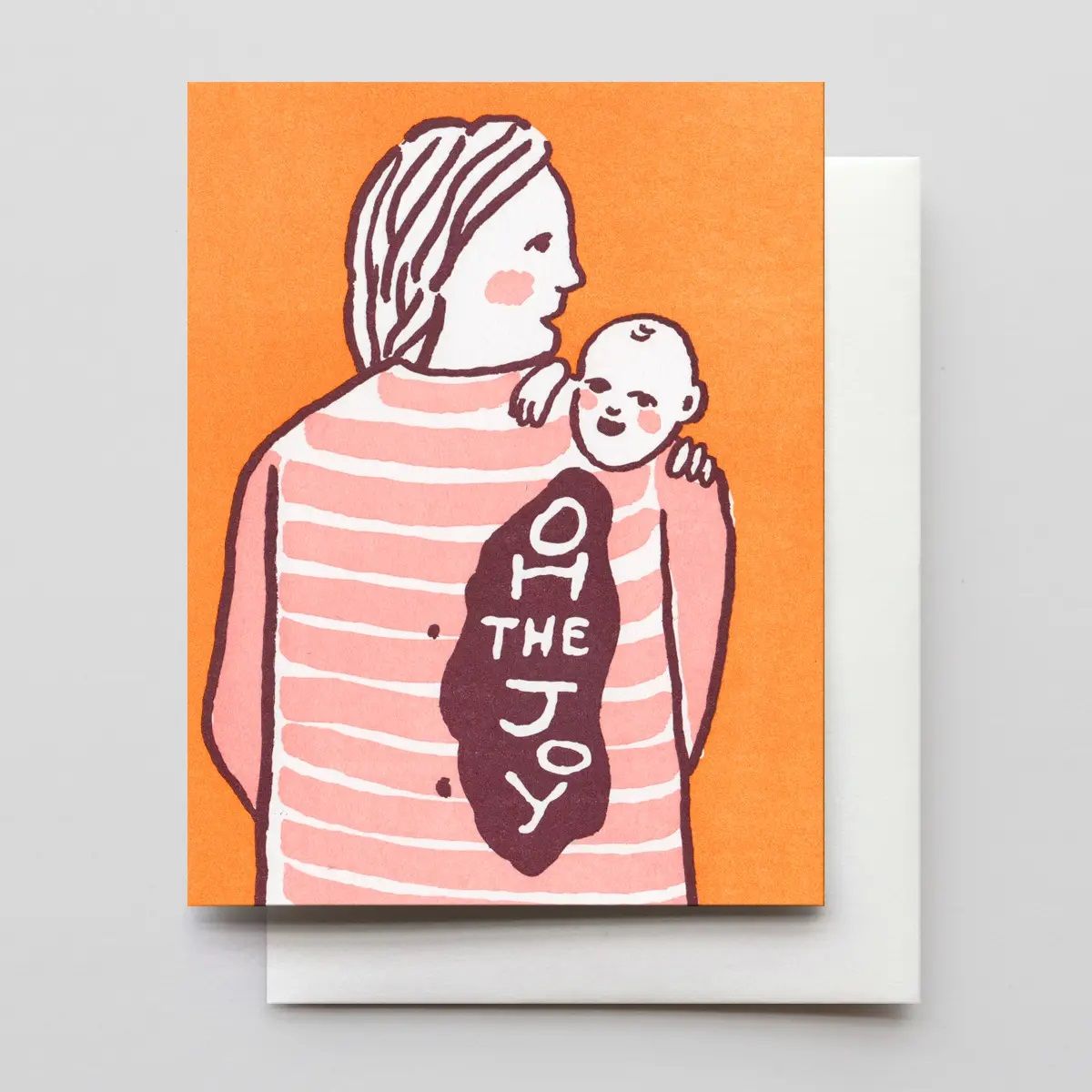 Baby card with illustrated parent holding a swaddled newborn on orange background