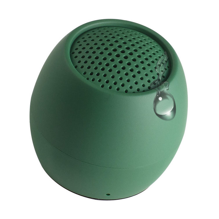 Mini wireless speaker in green with top grille and small hanging loop