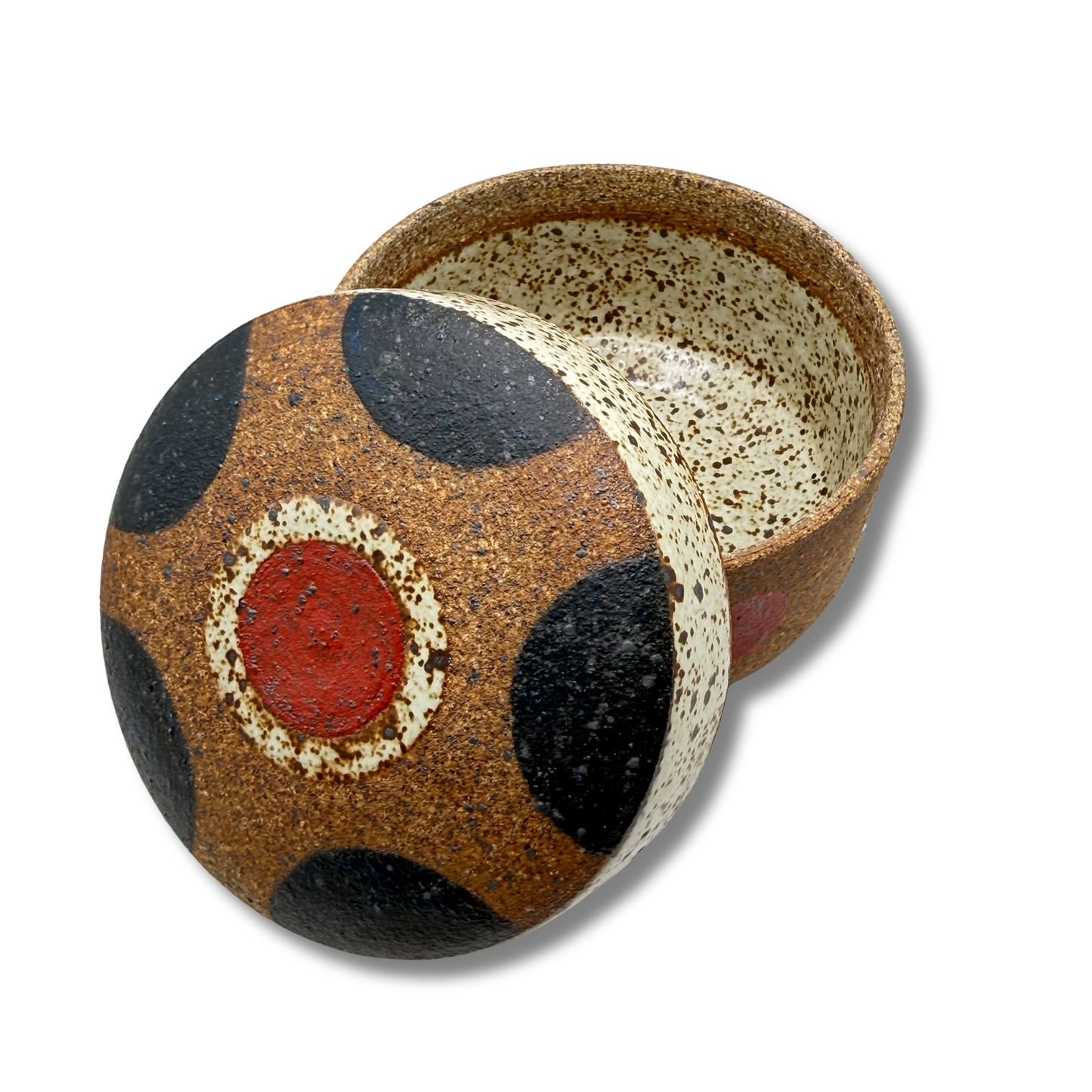 Speckled lidded jar, navy and red circle accents; lid open to show interior