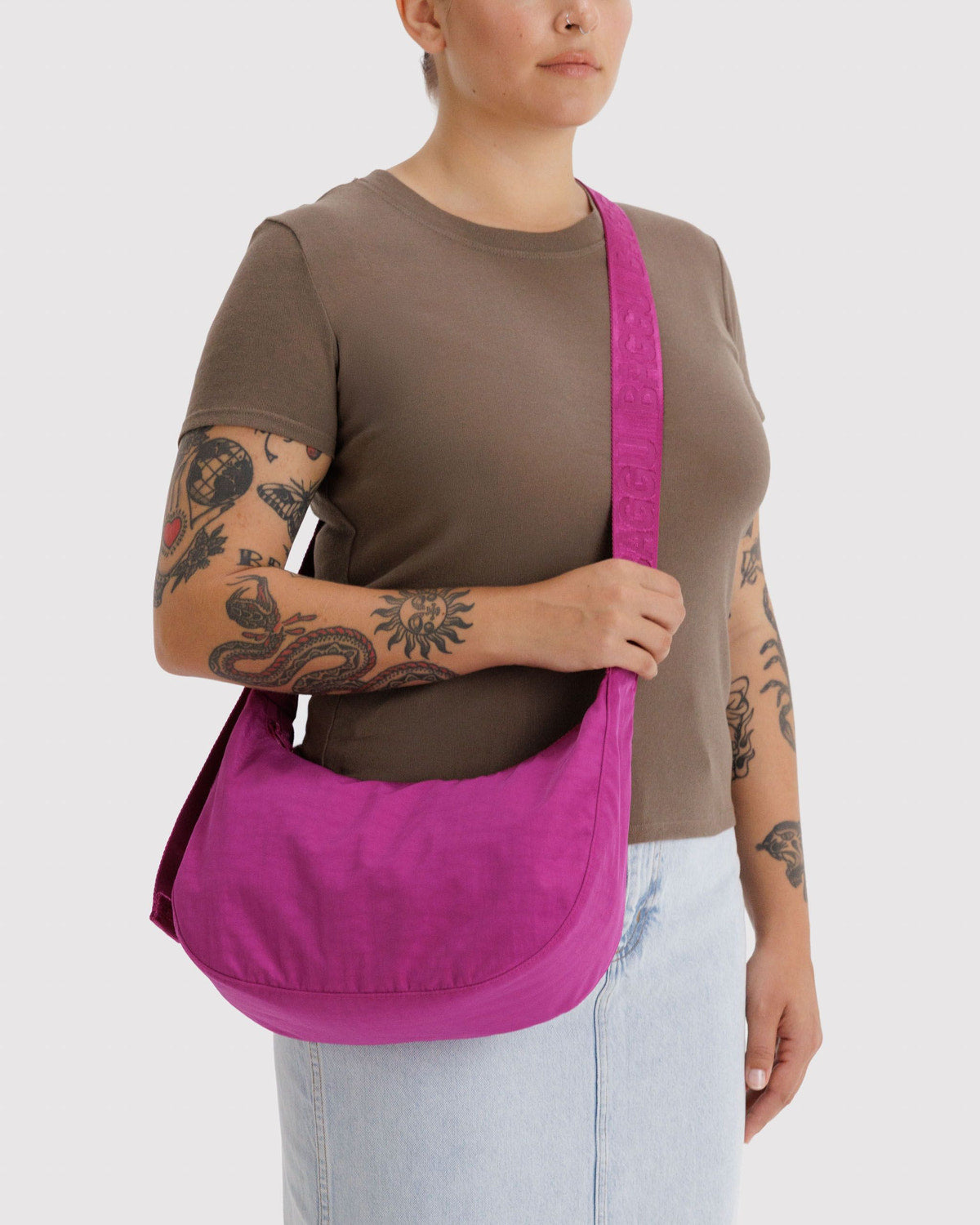 Medium crescent nylon bag, deep fuchsia, crossbody with adjustable strap