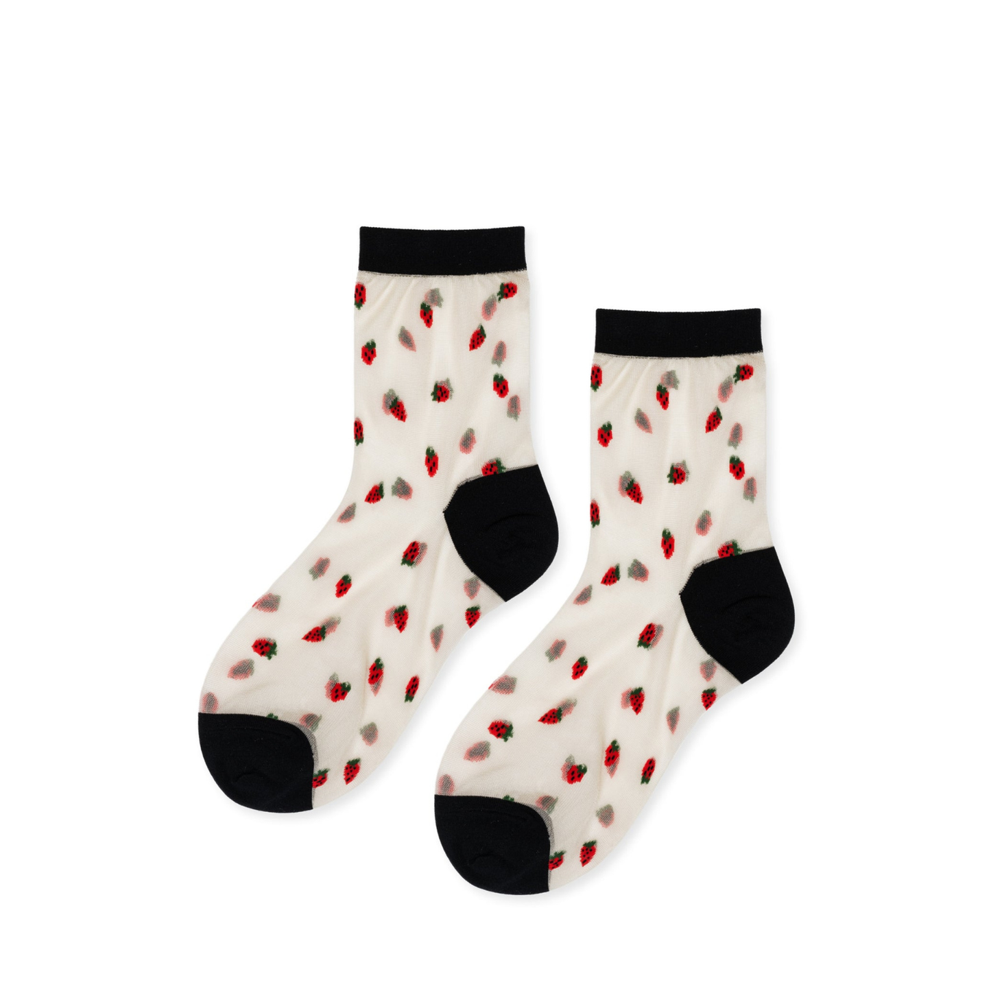 Baby sheer crew socks with black cuffs and small red strawberry prints, nude base