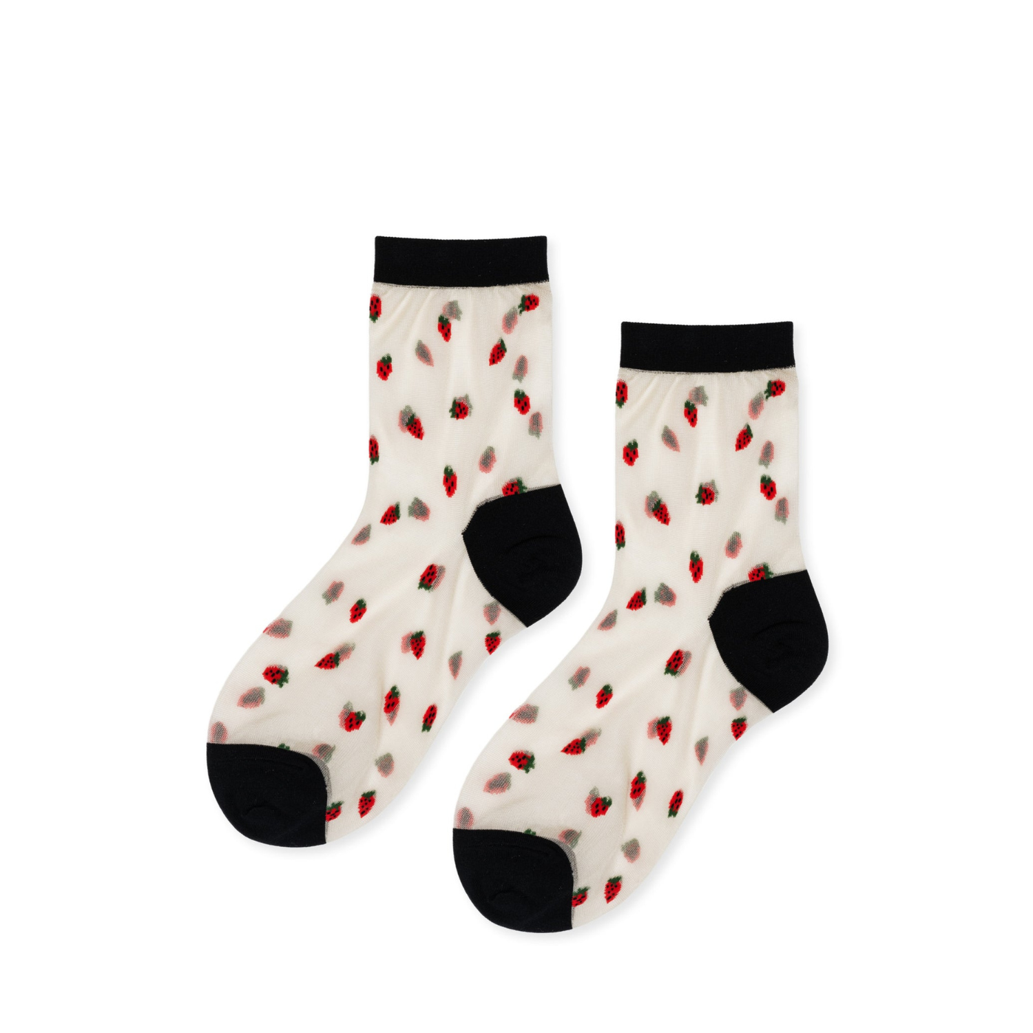 Baby sheer crew socks with black cuffs and small red strawberry prints, nude base