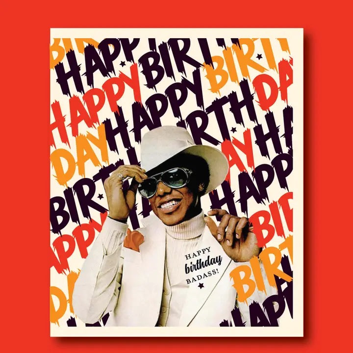 Cream wide-brim birthday hat with black hatband and 'Happy birthday badass' print