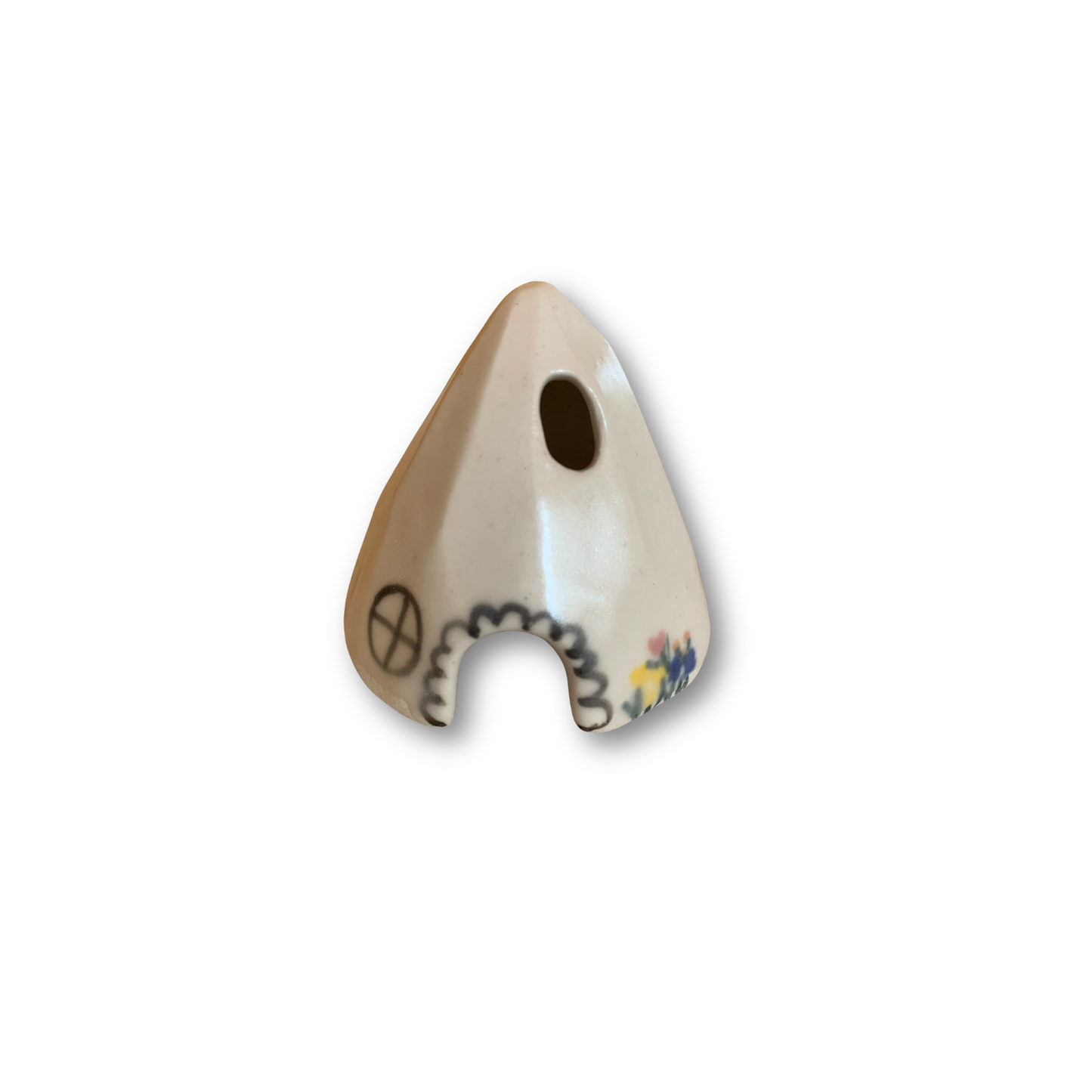 Cream ceramic mouse incense cone burner with peace symbol and blue flower decals