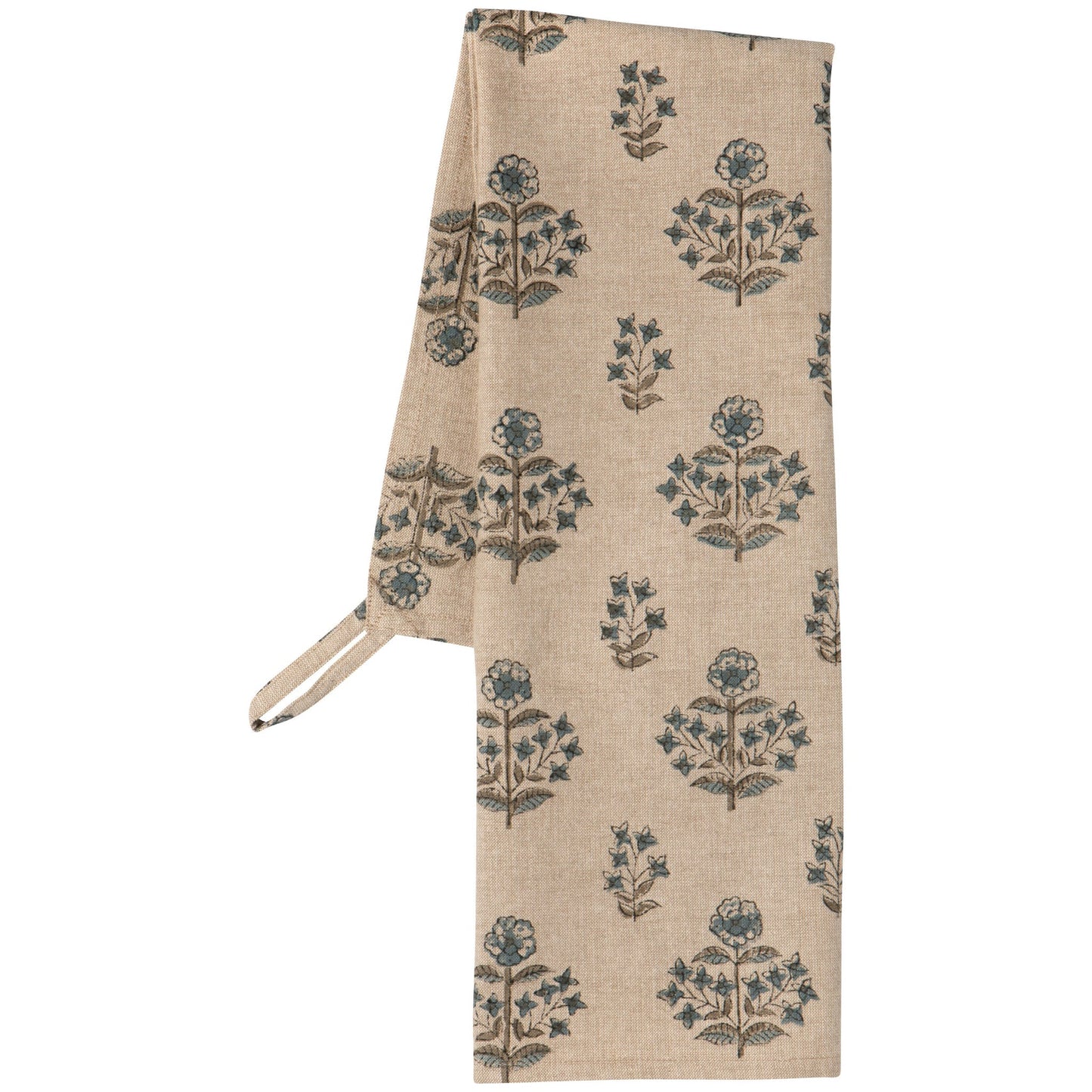 Beige block print dishtowel with teal floral motif and hanging loop