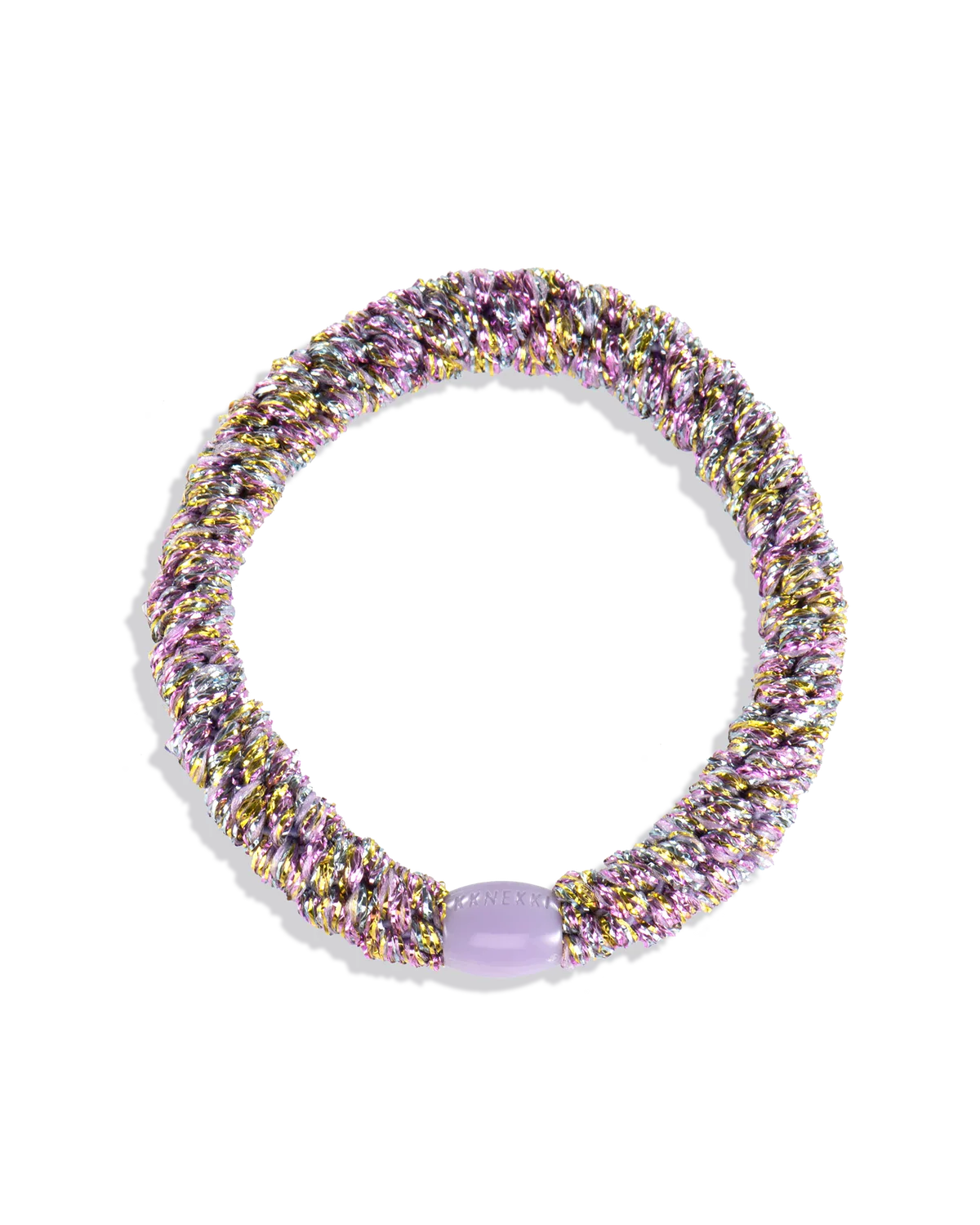 Woven glitter hair tie in purple, silver, and gold with a smooth center