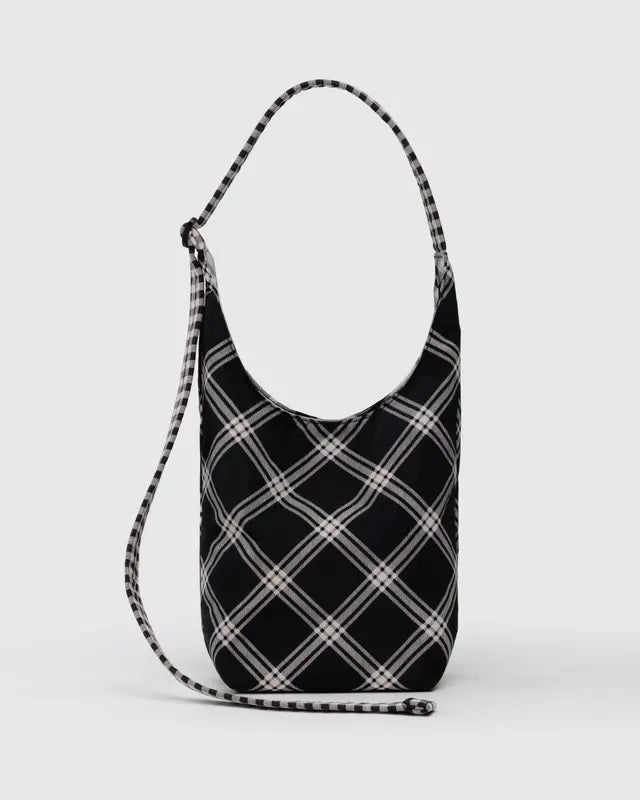 Small nylon sling bag, black plaid with checkered shoulder strap